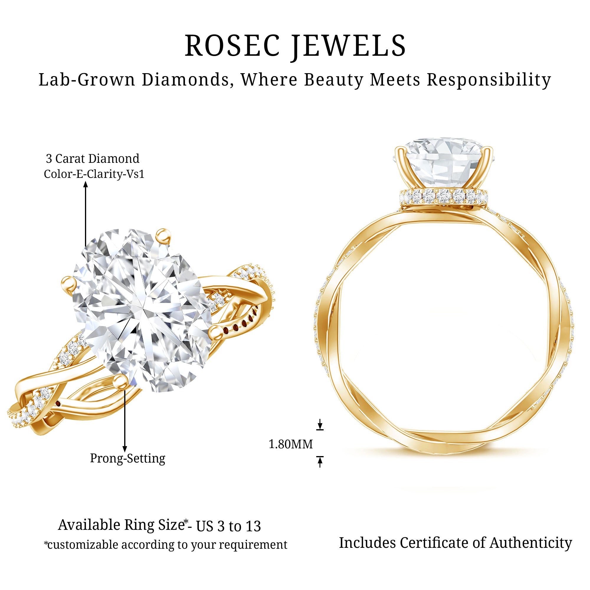 IGI Certified Oval Shape Lab Grown Diamond Infinity Band Engagement Ring 3 Carat Lab - ( E-VS1 ) - Rosec Jewels