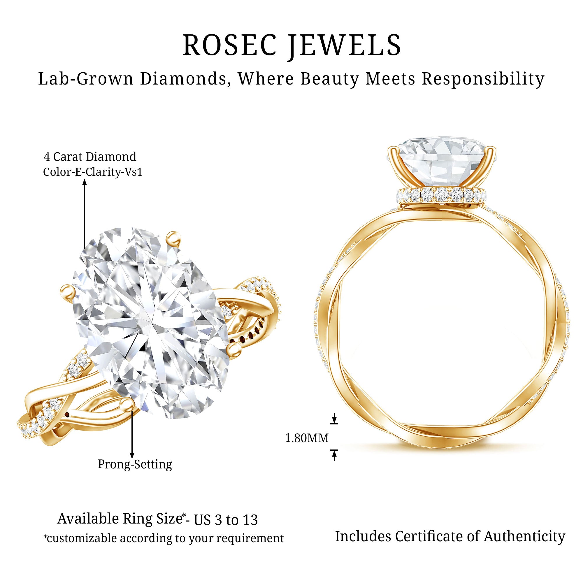 IGI Certified 4 Carat Oval Lab Grown Diamond Huge Engagement Ring with Braided Band Lab - ( E-VS1 ) - Rosec Jewels