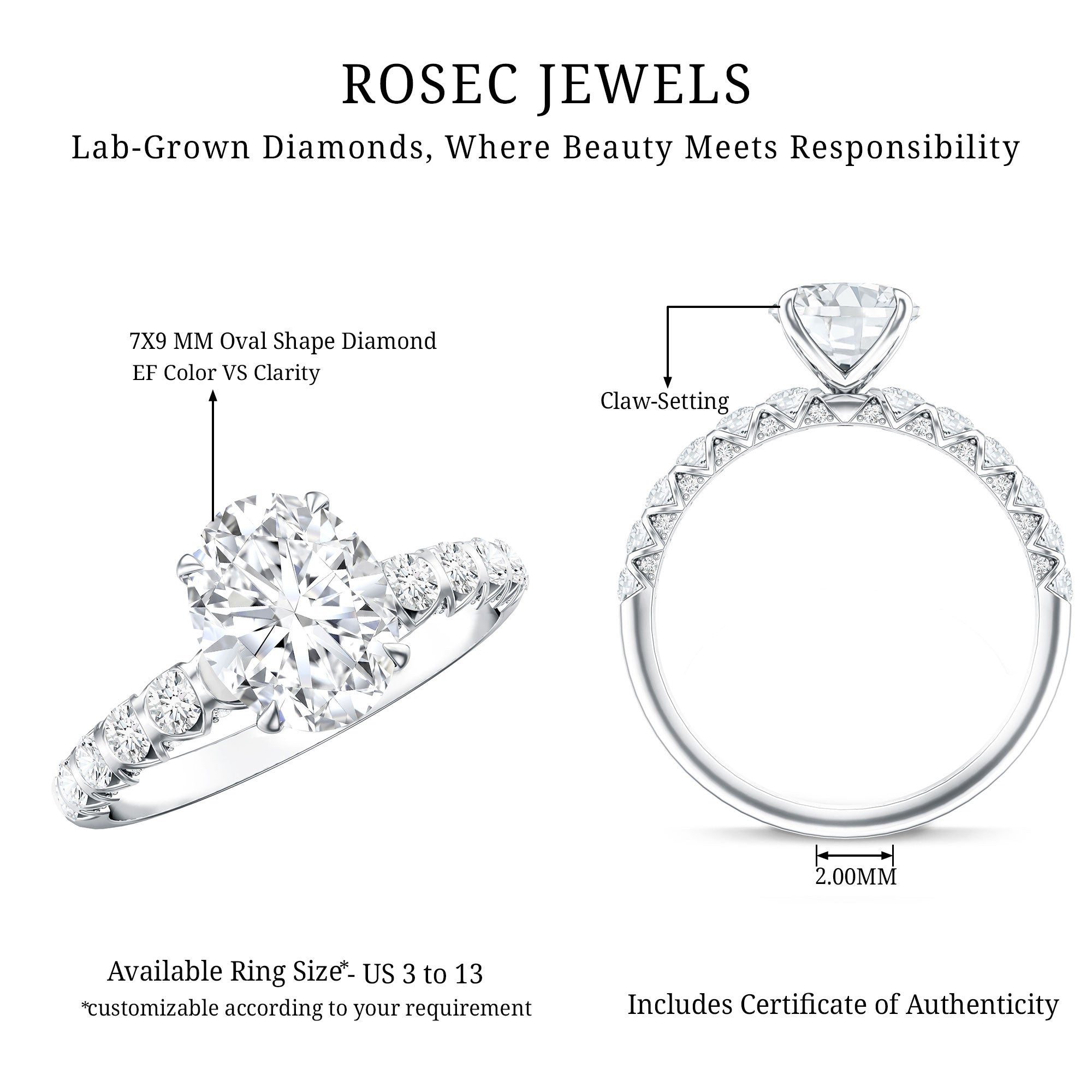 Rosec Jewels-Oval 2 Carat Lab Grown Diamond Solitaire Engagement Ring IGI Certified