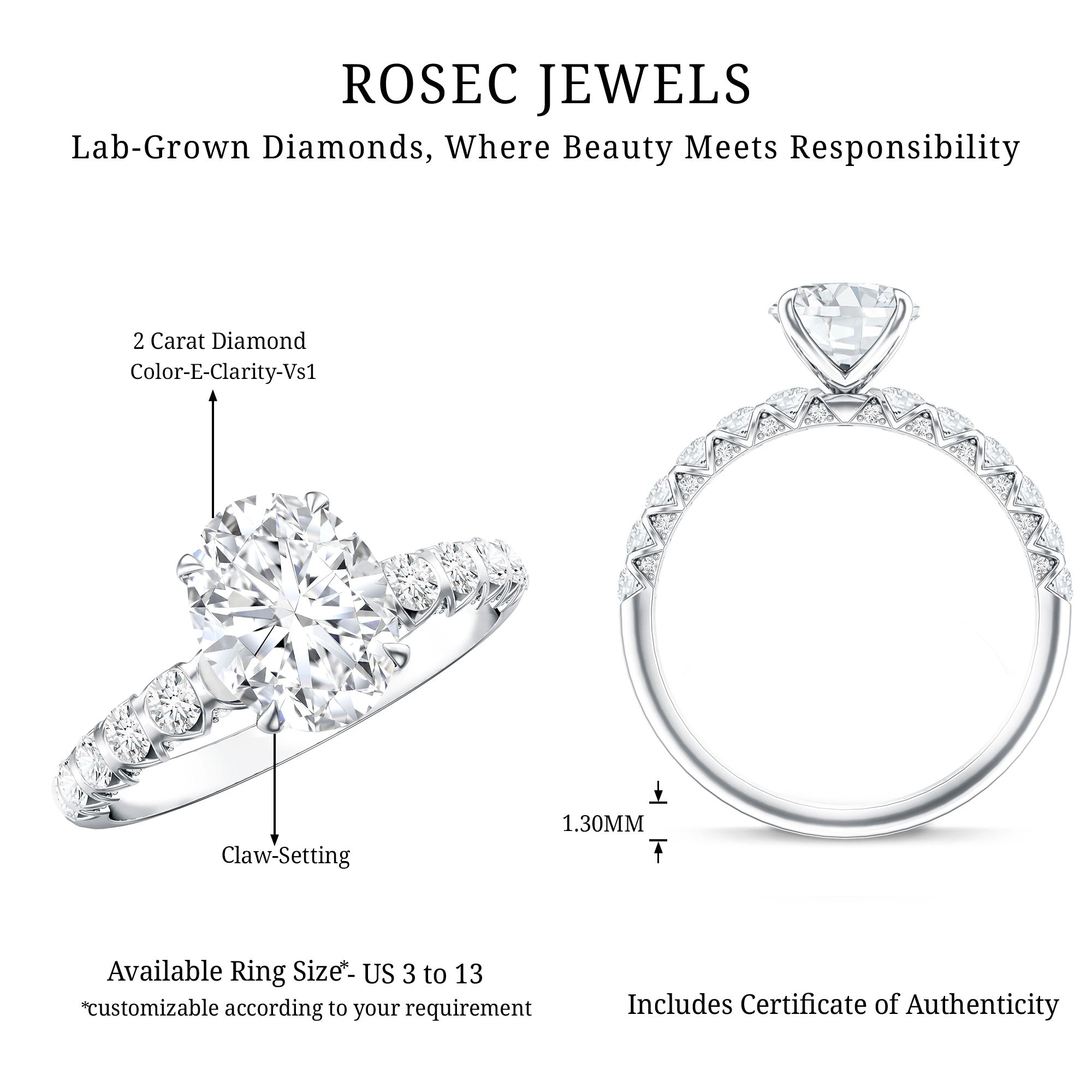 Oval 2 Carat Lab Grown Diamond Solitaire Engagement Ring IGI Certified Lab - ( E-VS1 ) - Rosec Jewels