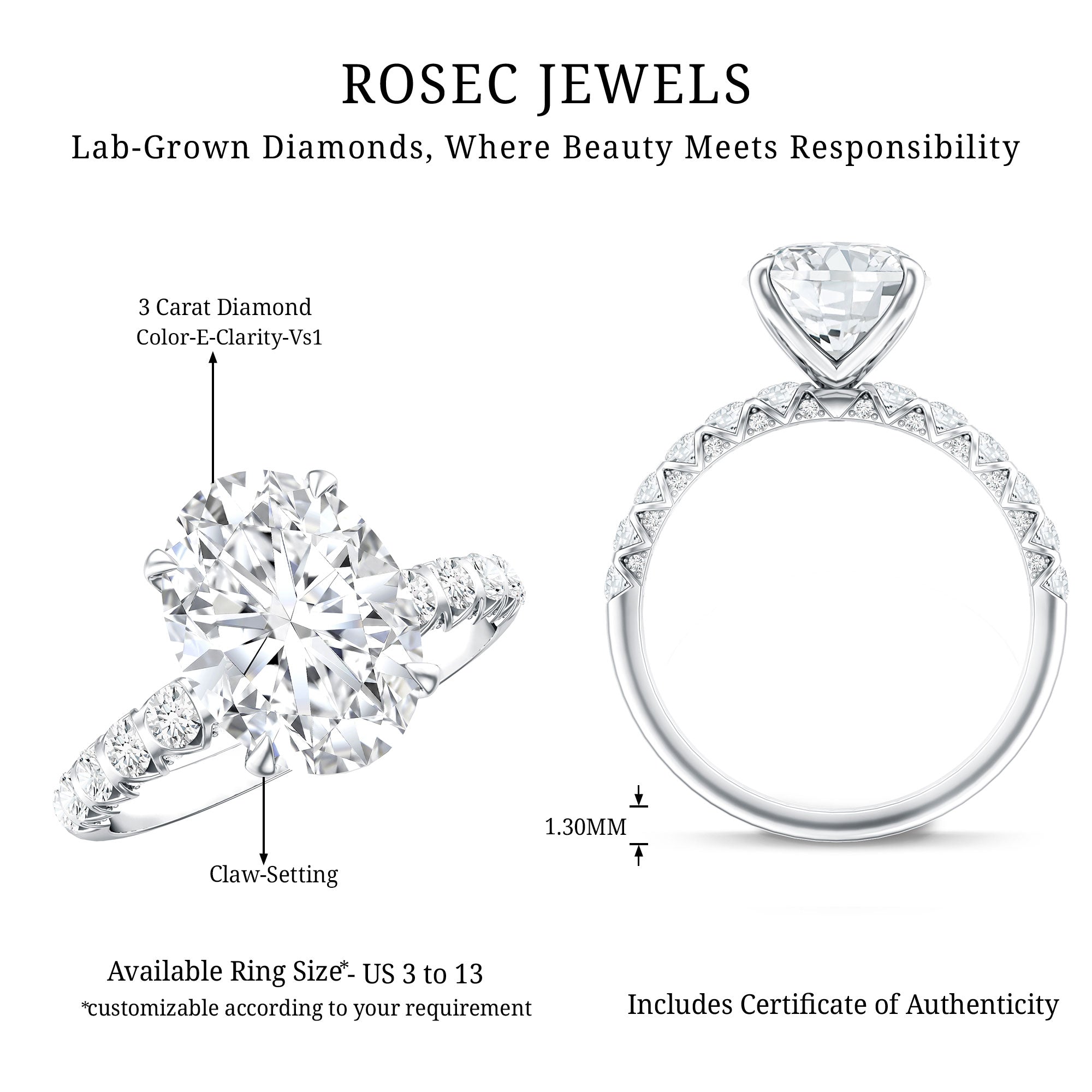 Lab Grown Diamond Oblong Engagement Ring 3 Carat with IGI Certificate Lab - ( E-VS1 ) - Rosec Jewels