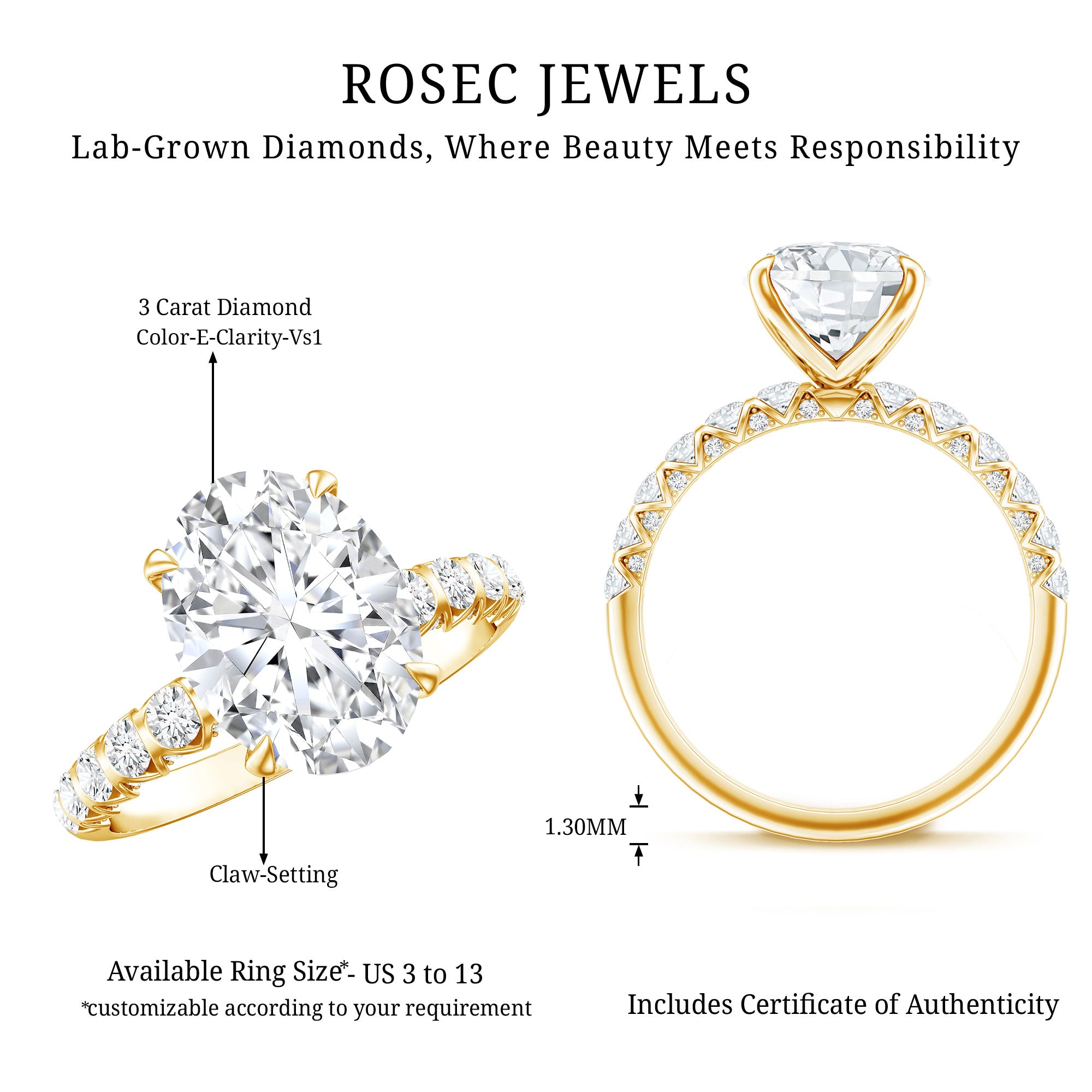 Lab Grown Diamond Oblong Engagement Ring 3 Carat with IGI Certificate Lab - ( E-VS1 ) - Rosec Jewels