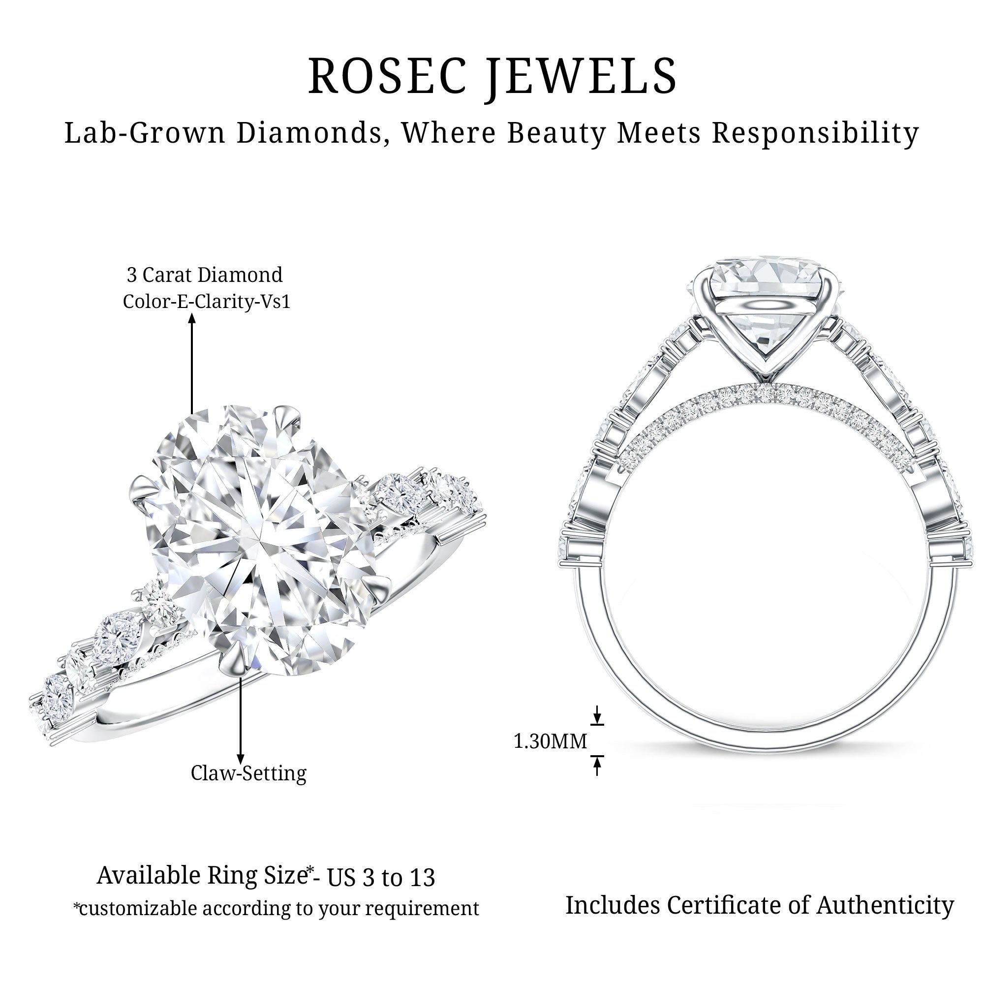 3 Carat Oval Lab Grown Diamond Statement Engagement Ring with IGI Certificate Lab - ( E-VS1 ) - Rosec Jewels