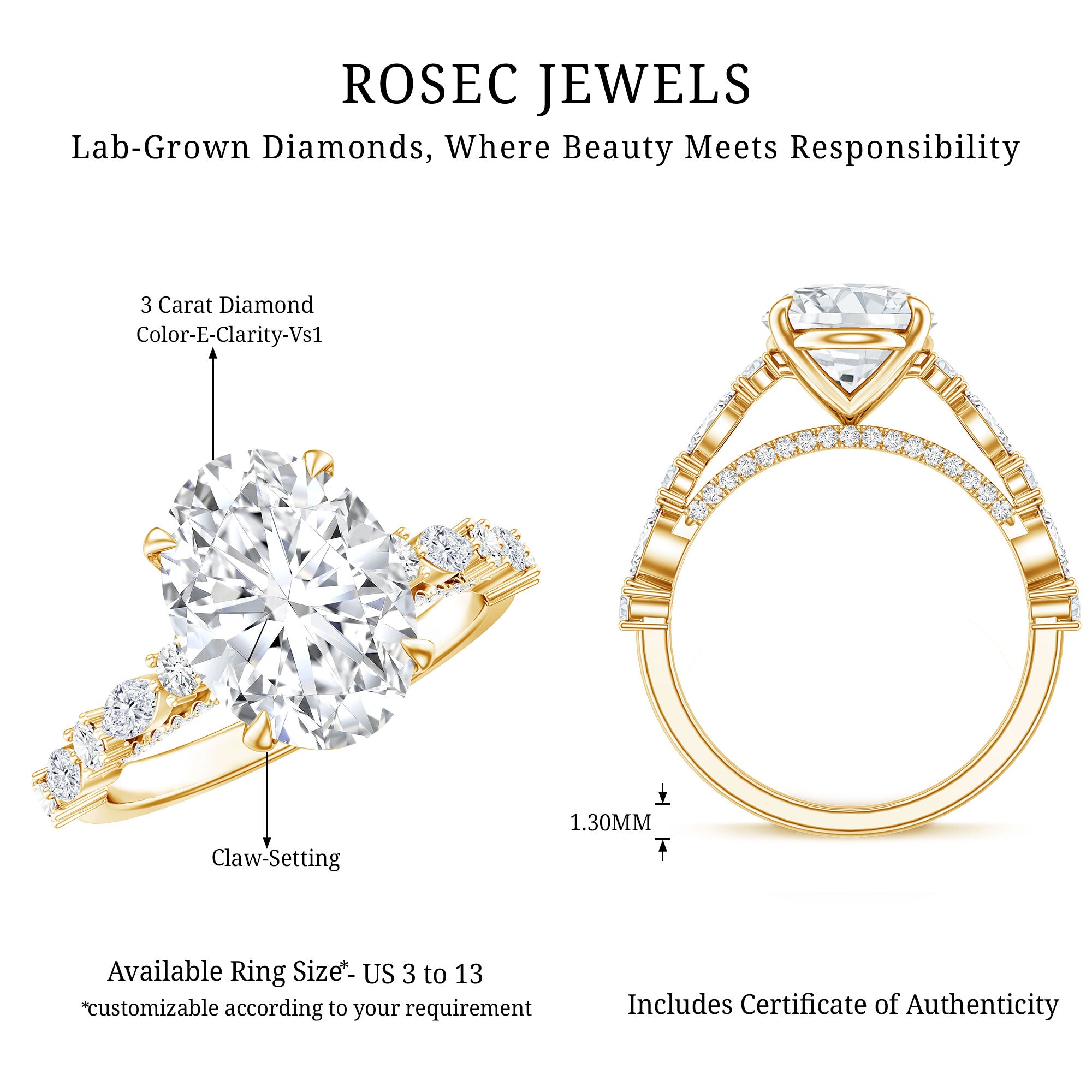 3 Carat Oval Lab Grown Diamond Statement Engagement Ring with IGI Certificate Lab - ( E-VS1 ) - Rosec Jewels