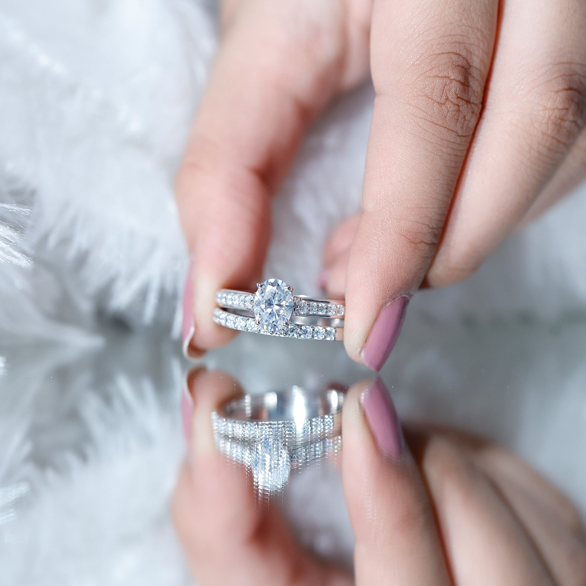 Oval Shaped 1 Carat Lab Grown Diamond Bridal Ring Set with IGI Certificate Lab - ( E-VS1 ) - Rosec Jewels