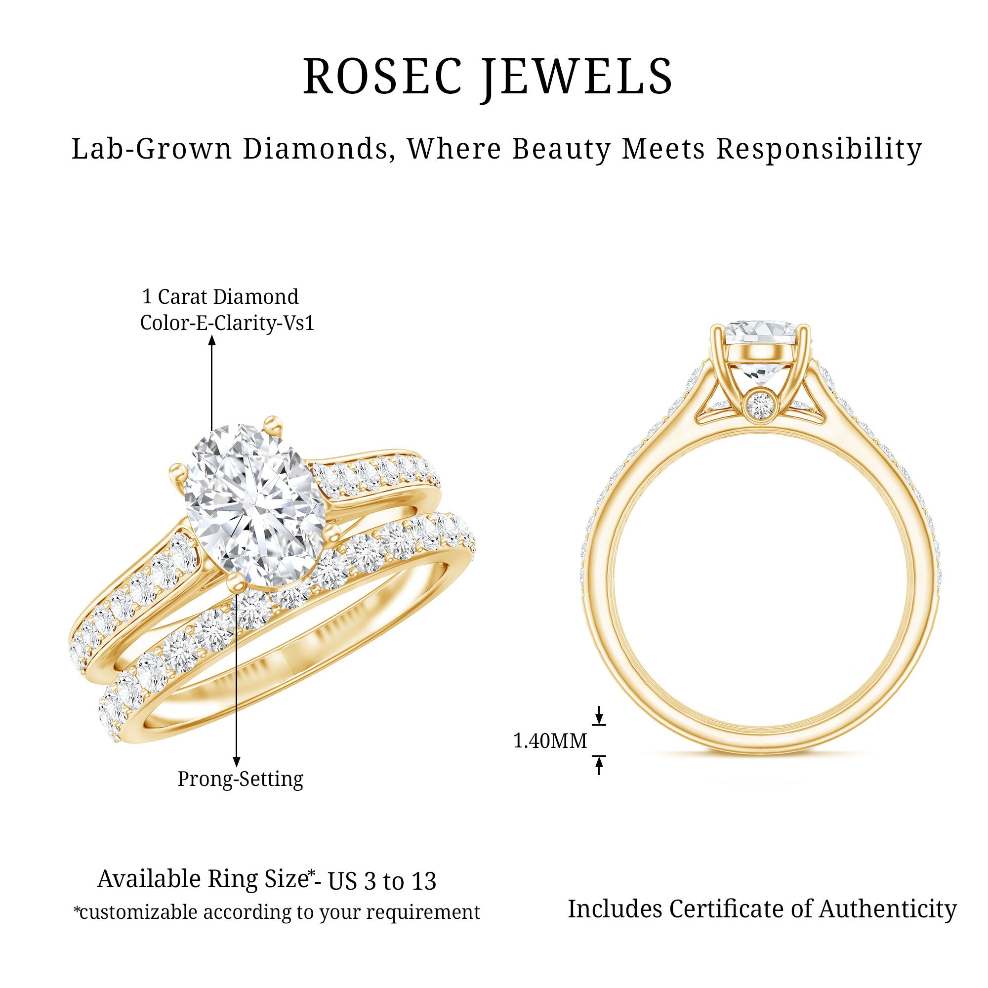 Oval Shaped 1 Carat Lab Grown Diamond Bridal Ring Set with IGI Certificate Lab - ( E-VS1 ) - Rosec Jewels
