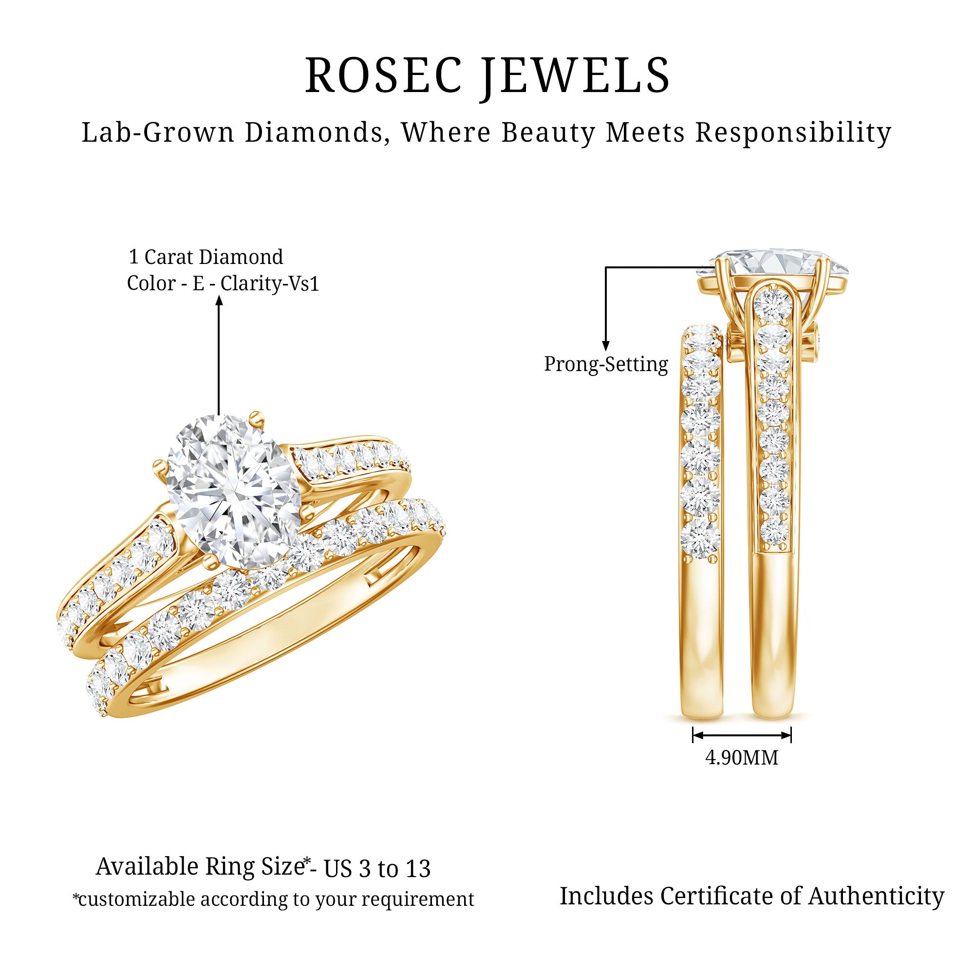 Oval Shaped 1 Carat Lab Grown Diamond Bridal Ring Set with IGI Certificate Lab - ( E-VS1 ) - Rosec Jewels