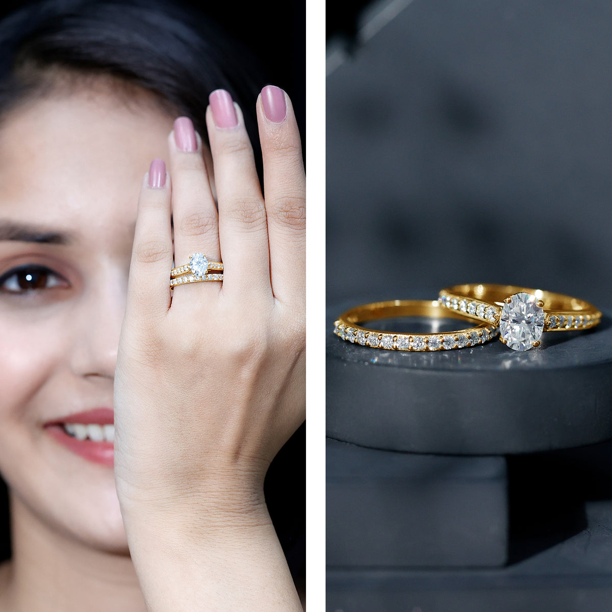 Oval Shaped 1 Carat Lab Grown Diamond Bridal Ring Set with IGI Certificate Lab - ( E-VS1 ) - Rosec Jewels