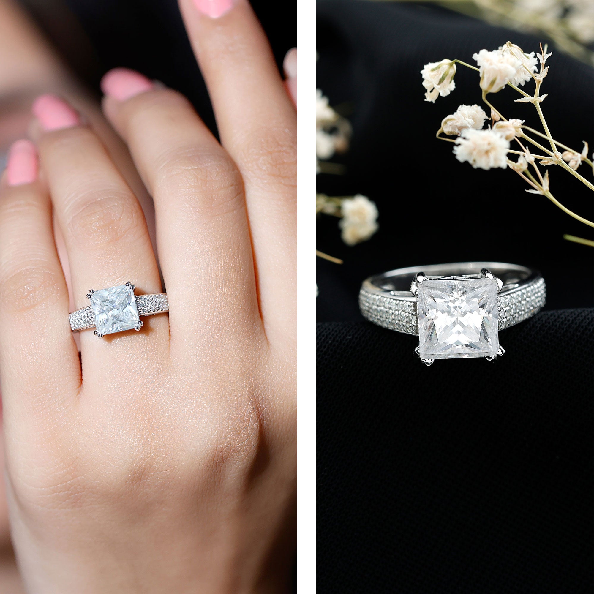 Rosec Jewels-IGI Certified 3 Carat Princess Cut Lab Grown Diamond Engagement Ring with Side Stones
