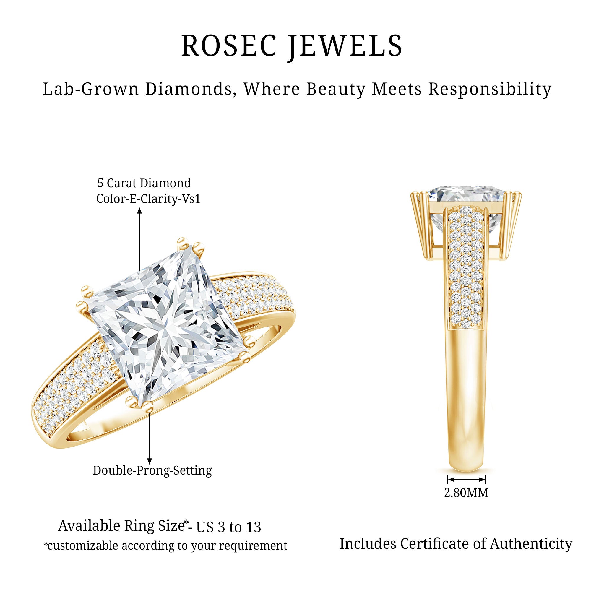 5 Carat Princess Cut Lab Diamond Thick Band Engagement Ring with IGI Certificate Lab - ( E-VS1 ) - Rosec Jewels