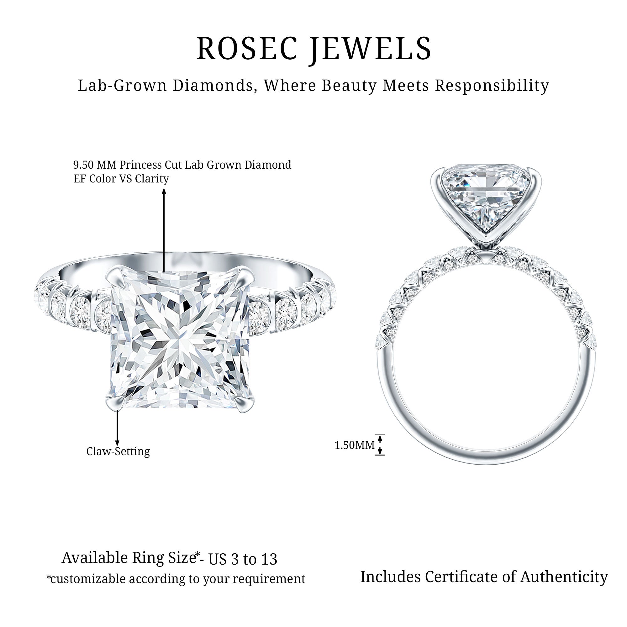 Princess Cut 5 Carat Lab Grown Big Diamond Engagement Ring IGI Certified Lab - ( E-VS1 ) - Rosec Jewels