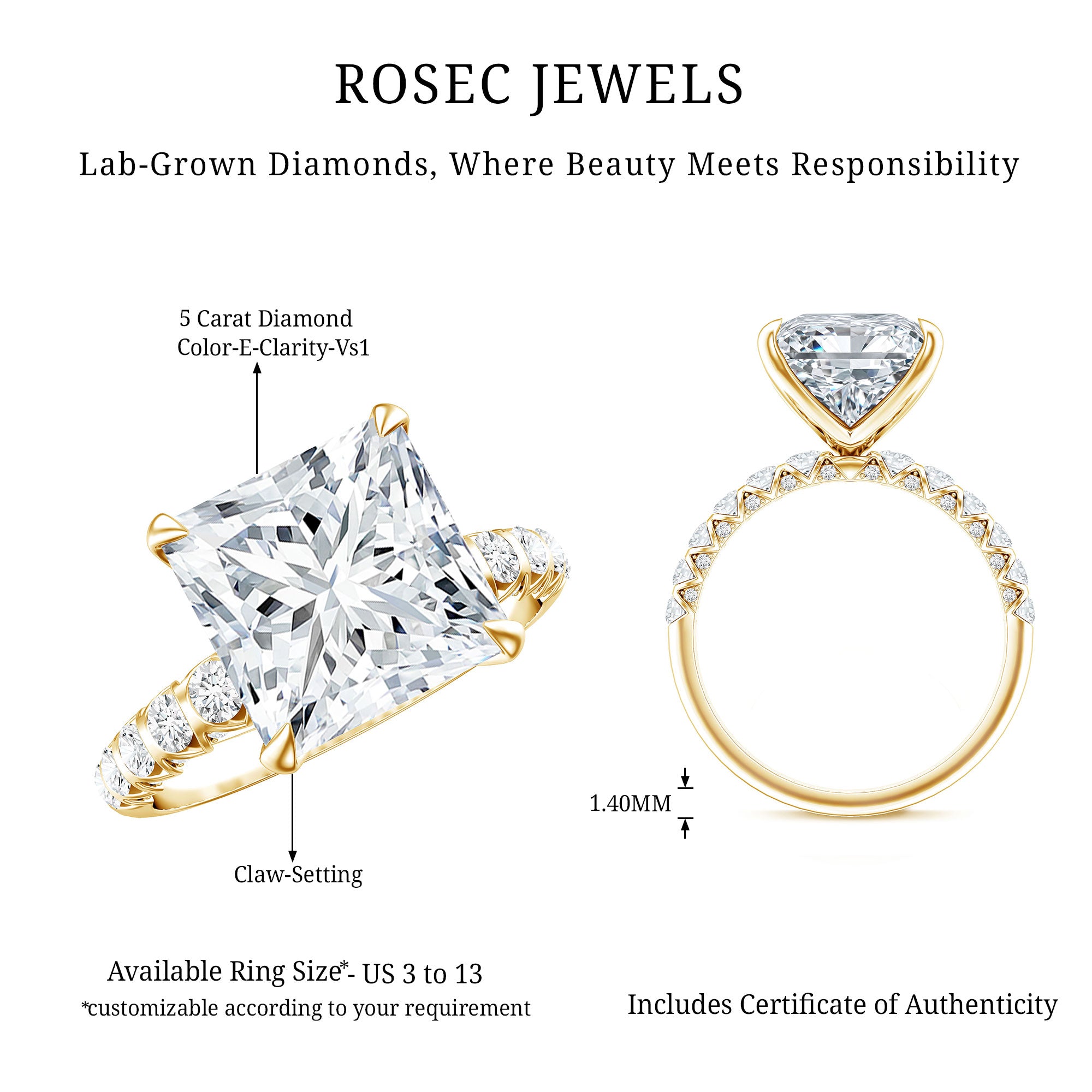 Princess Cut 5 Carat Lab Grown Big Diamond Engagement Ring IGI Certified Lab - ( E-VS1 ) - Rosec Jewels
