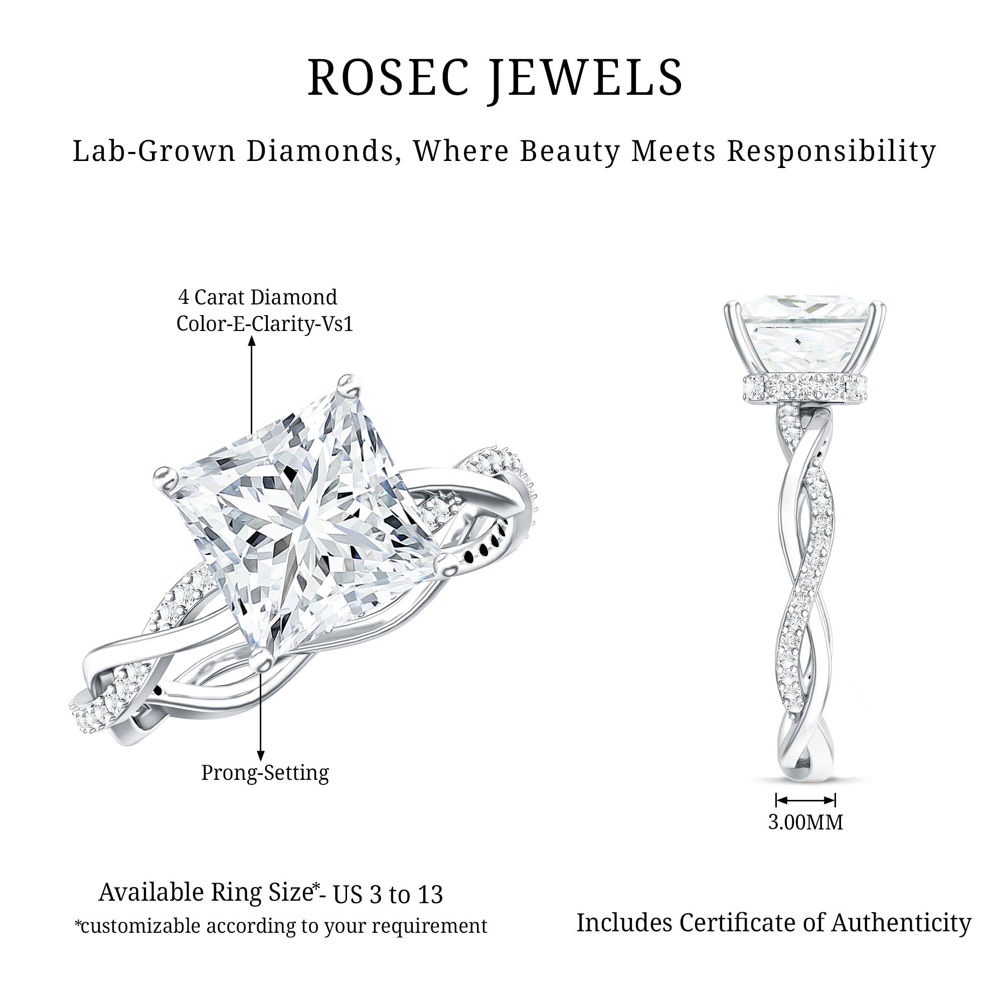 Princess Cut 4 Carat Lab Grown Diamond Braided Engagement Ring IGI Certified Lab - ( E-VS1 ) - Rosec Jewels