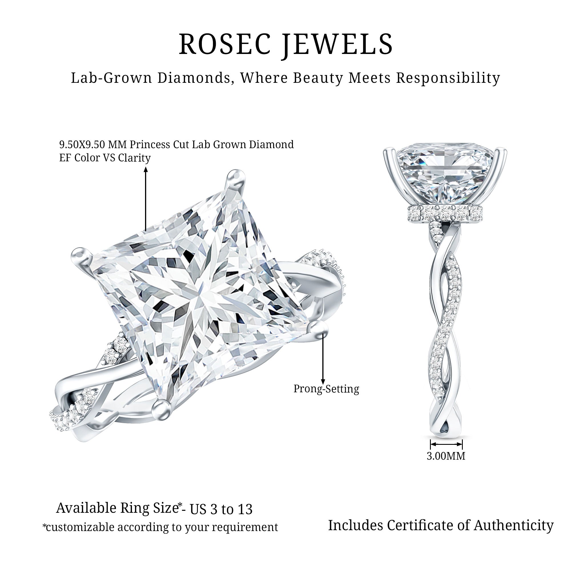 IGI Certified 5 Carat Princess Cut Lab Grown Diamond Huge Engagement Ring with Braided Band Lab - ( E-VS1 ) - Rosec Jewels