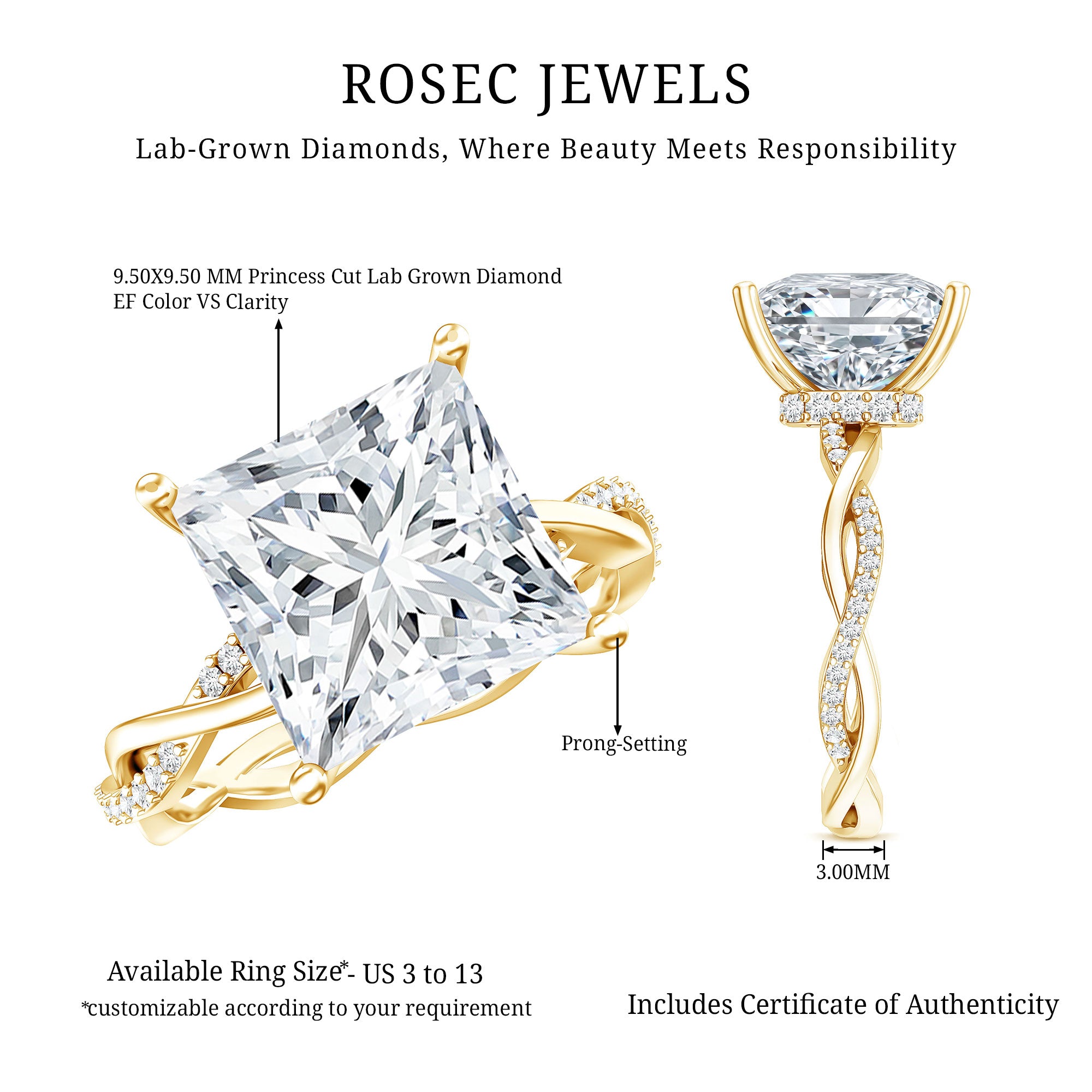 Rosec Jewels-IGI Certified 5 Carat Princess Cut Lab Grown Diamond Huge Engagement Ring with Braided Band