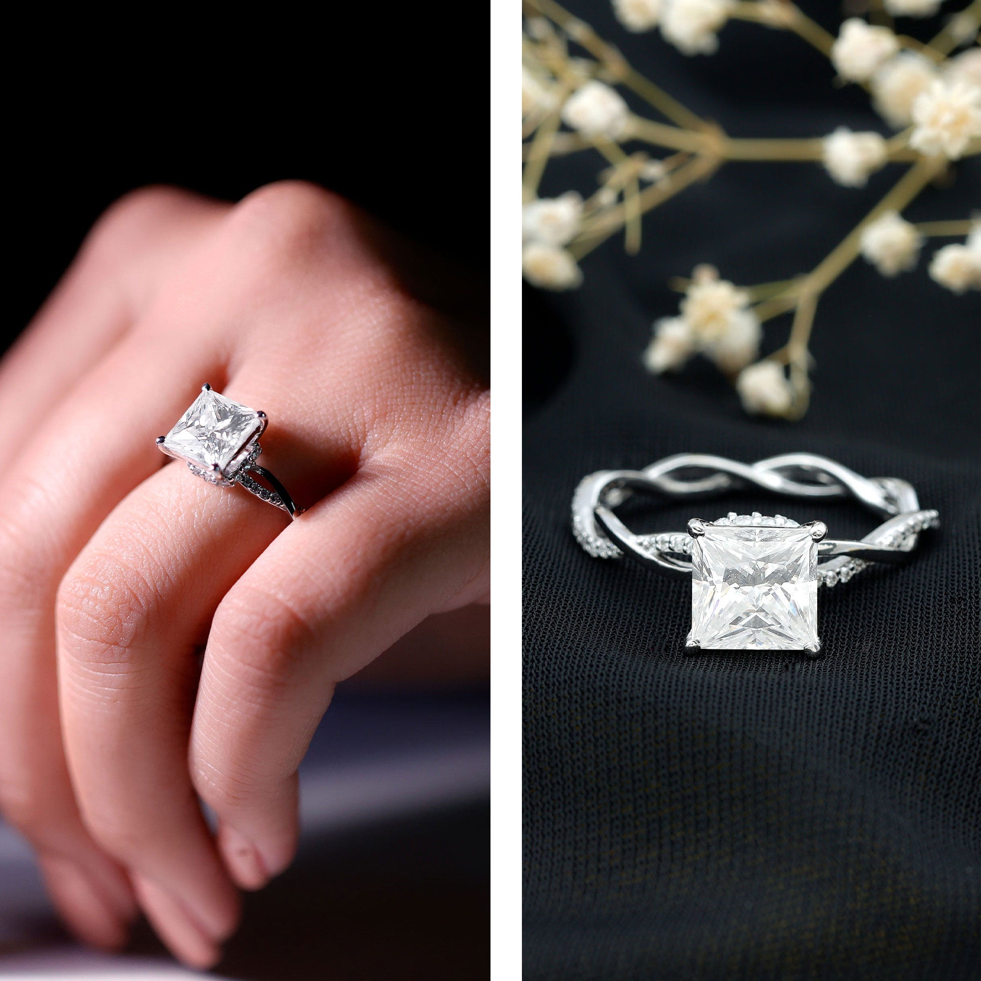 Rosec Jewels-IGI Certified 3 Carat Princess Cut Lab Grown Diamond Hidden Halo Engagement Ring with Infinity Band