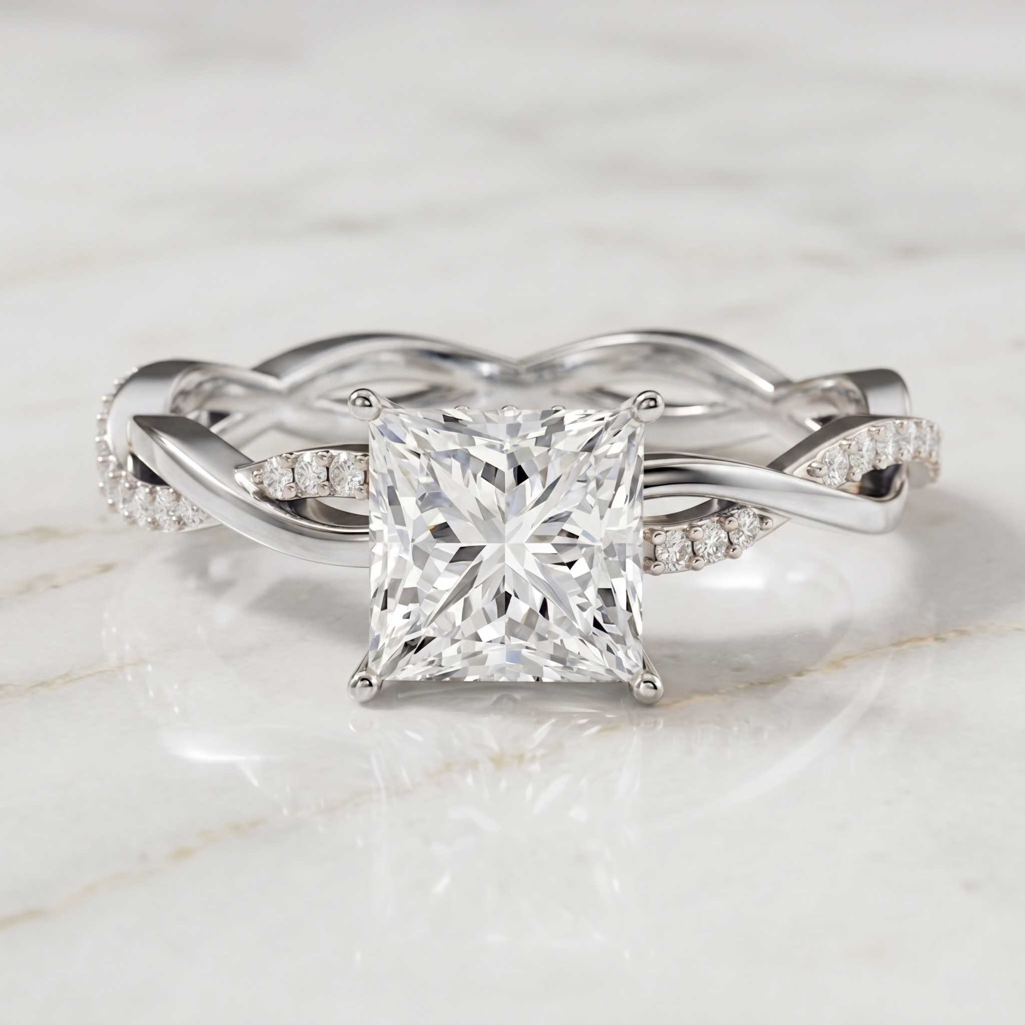 IGI Certified 2 Carat Princess Cut Lab Diamond Braided Engagement Ring with Hidden Halo Lab - ( E-VS1 ) - Rosec Jewels