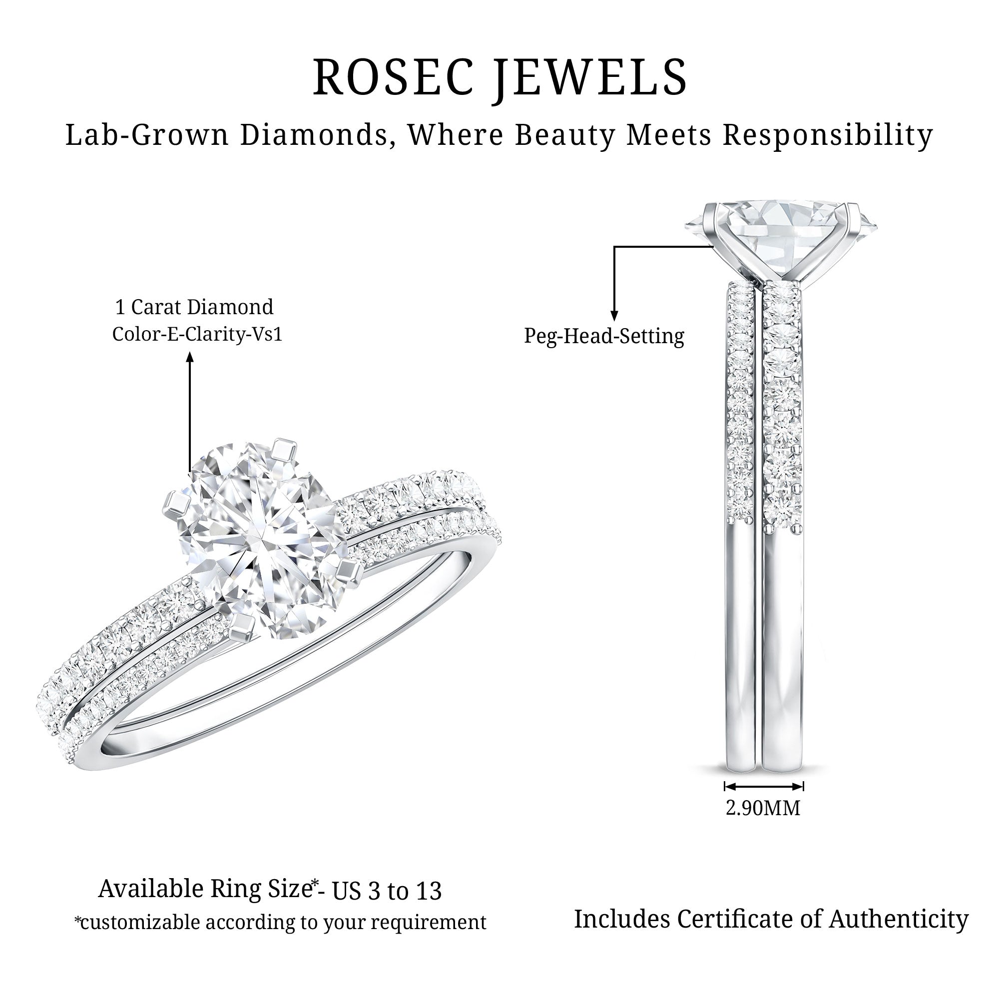 IGI Certified 1 Carat Lab Grown Diamond Engagement Ring with Wedding Band Set Lab - ( E-VS1 ) - Rosec Jewels