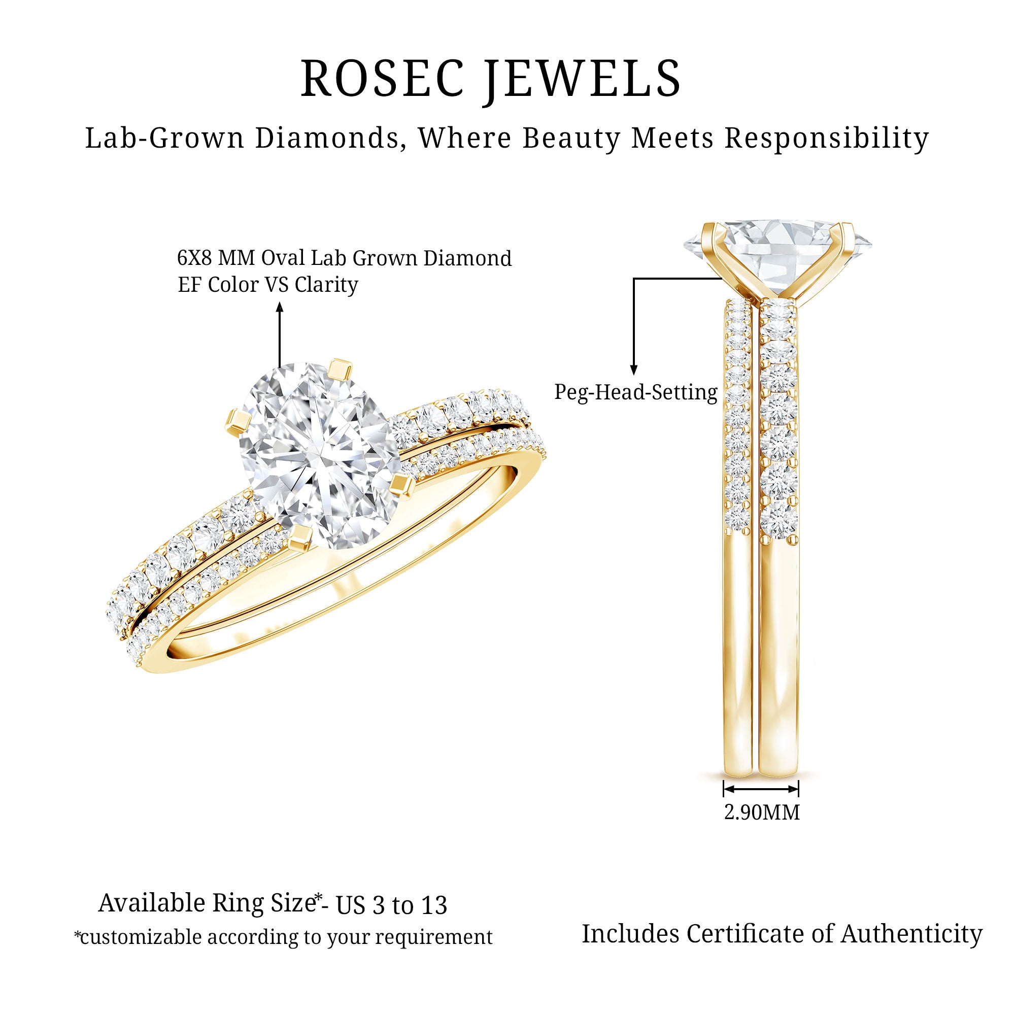 Rosec Jewels-IGI Certified 1 Carat Lab Grown Diamond Engagement Ring with Wedding Band Set