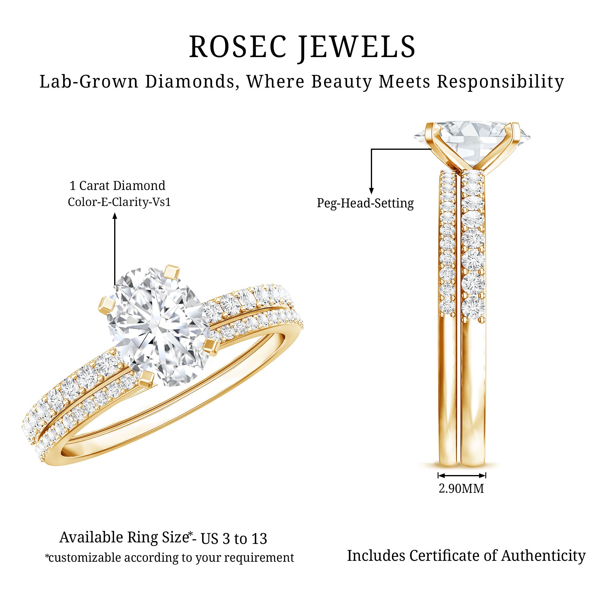 IGI Certified 1 Carat Lab Grown Diamond Engagement Ring with Wedding Band Set Lab - ( E-VS1 ) - Rosec Jewels