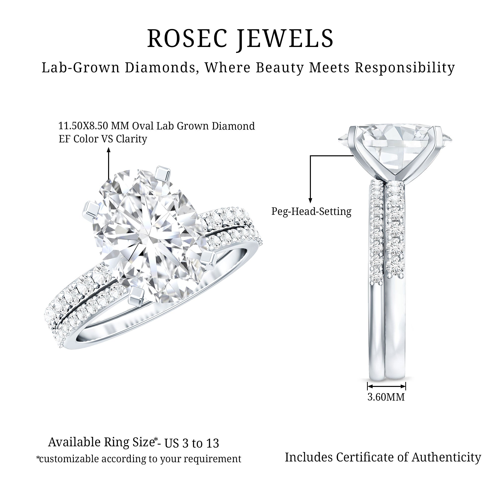 Rosec Jewels-3 Carat Oval Shaped Lab Grown Diamond Bridal Ring Set with IGI Certificate