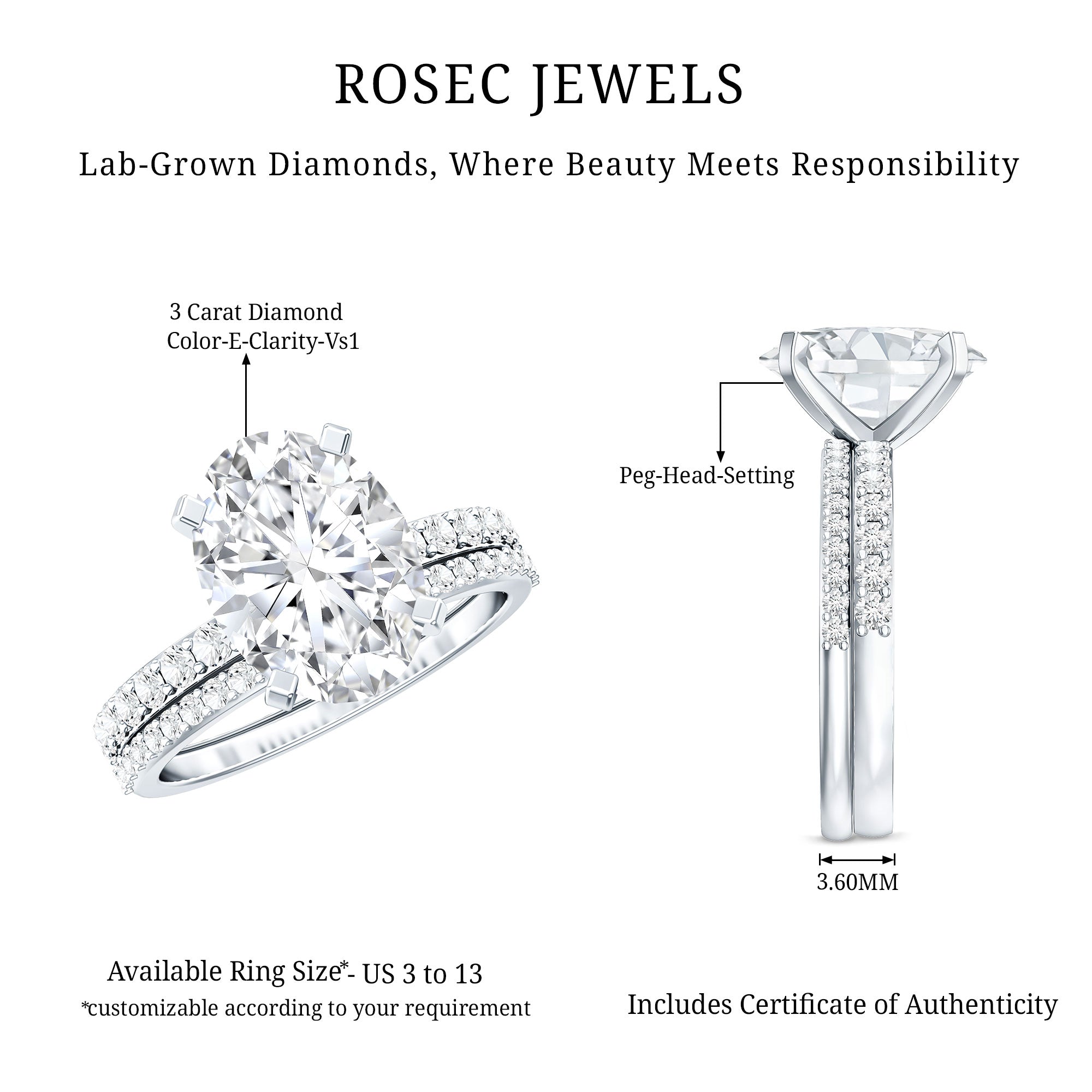 3 Carat Oval Shaped Lab Grown Diamond Bridal Ring Set with IGI Certificate Lab - ( E-VS1 ) - Rosec Jewels