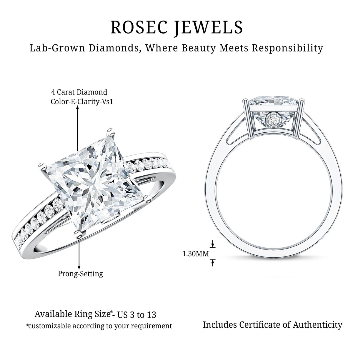Solitaire Princess Cut Lab Grown Diamond Engagement Ring 4 Carat IGI Certified Lab - ( E-VS1 ) - Rosec Jewels