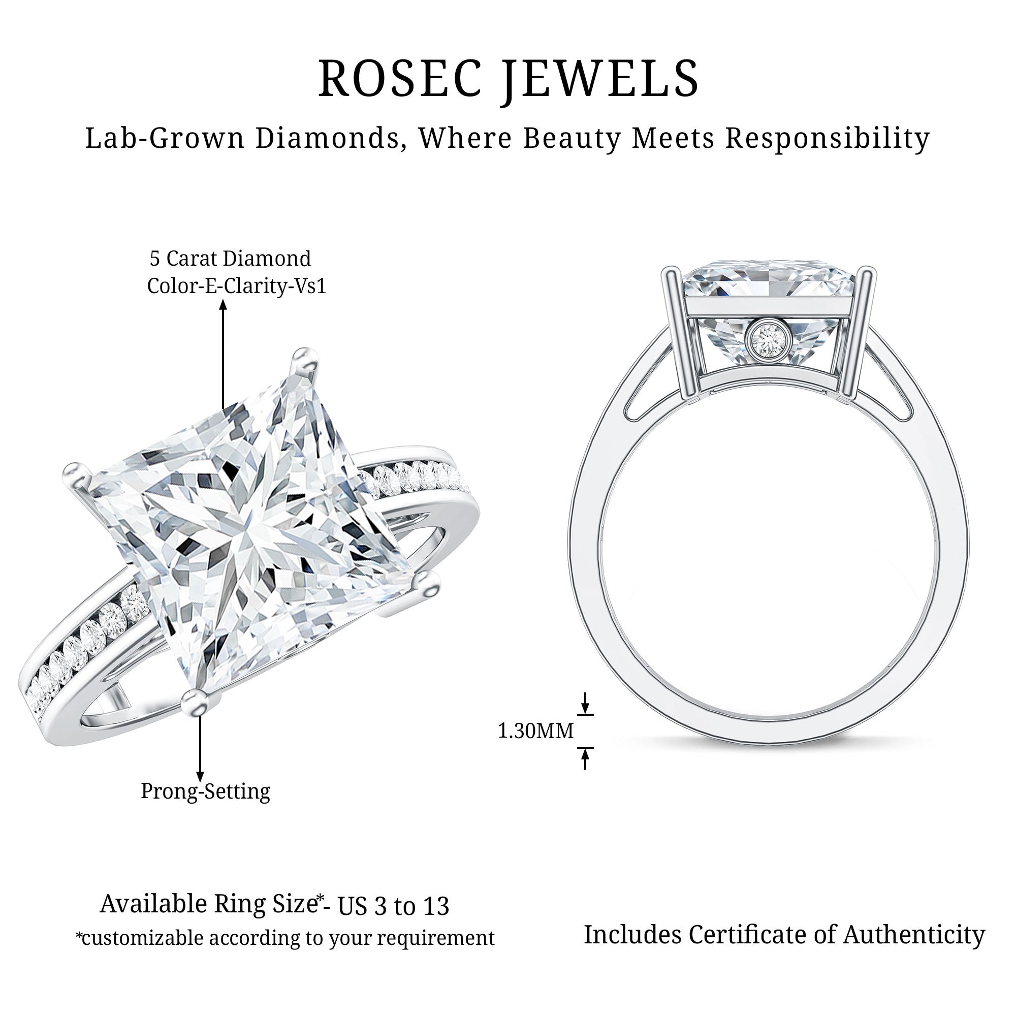 Solitaire 5 Carat Lab Grown Diamond Princess Cut Engagement Ring IGI Certified Lab - ( E-VS1 ) - Rosec Jewels