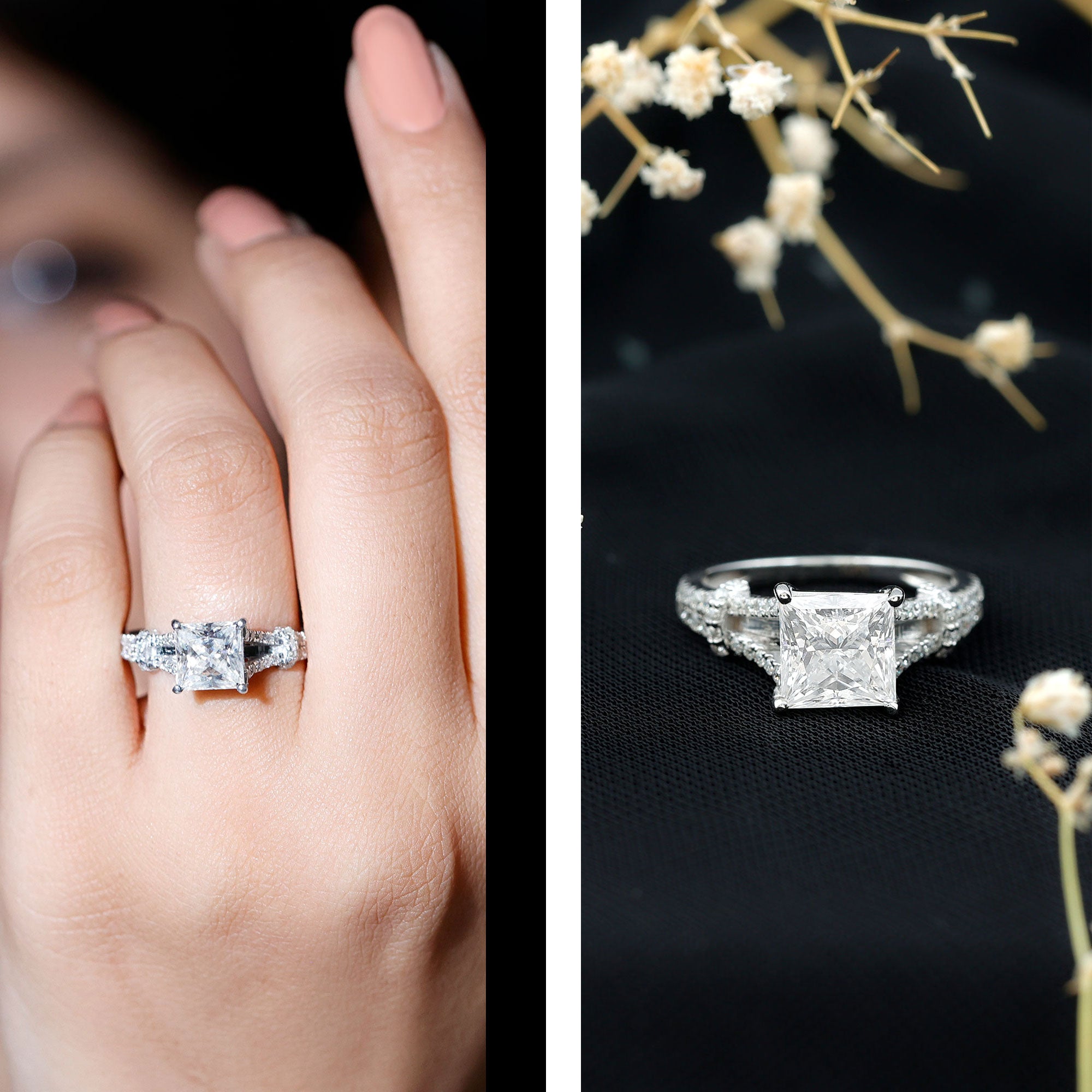 3 Carat Princess Cut Lab Grown Diamond Split Shank Engagement Ring IGI Certified Lab - ( E-VS1 ) - Rosec Jewels