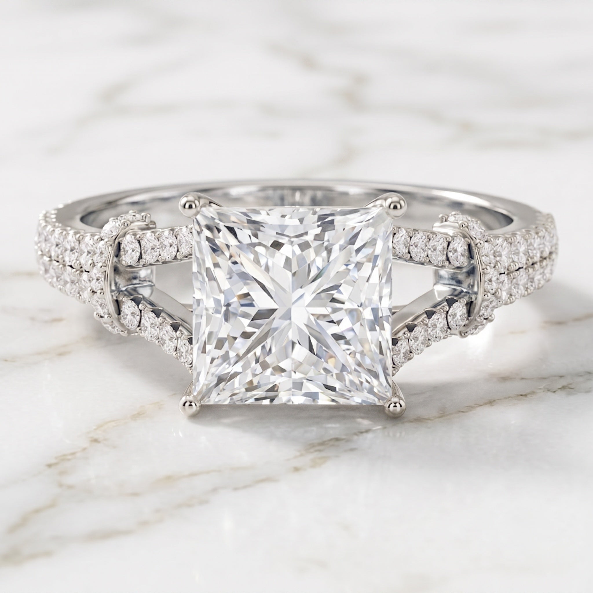 IGI Certified Princess Cut Lab Grown Diamond 4 Carat Engagement Ring in Split Shank Lab - ( E-VS1 ) - Rosec Jewels