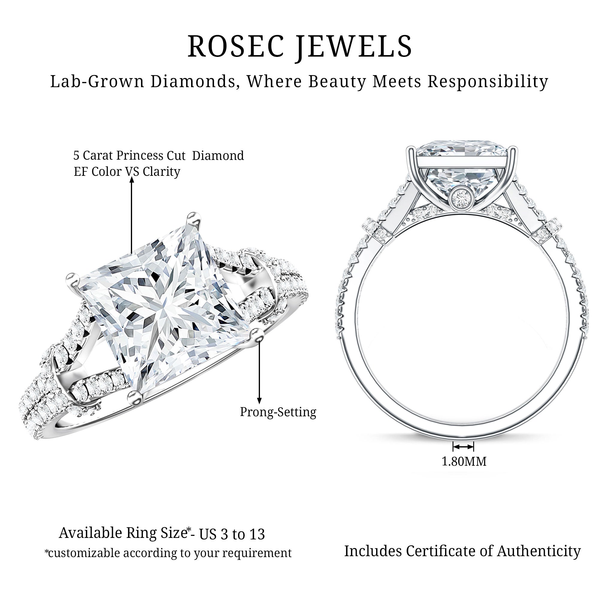 Rosec Jewels-IGI Certified Big 5 Carat Lab Grown Diamond Princess Cut Engagement Ring with Split Shank