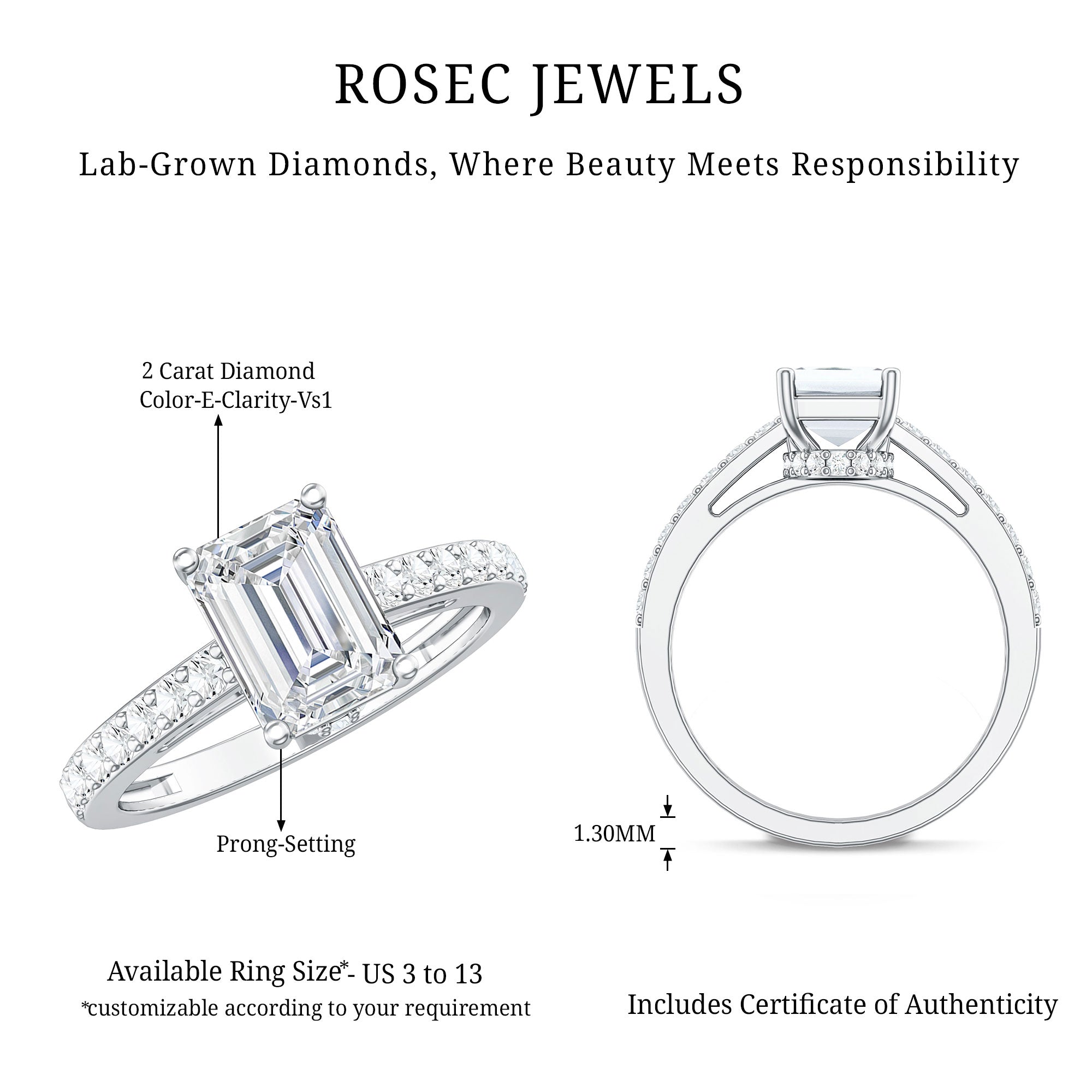 IGI Certified Emerald Cut Lab Grown Diamond Engagement Ring 2 Carat Lab - ( E-VS1 ) - Rosec Jewels