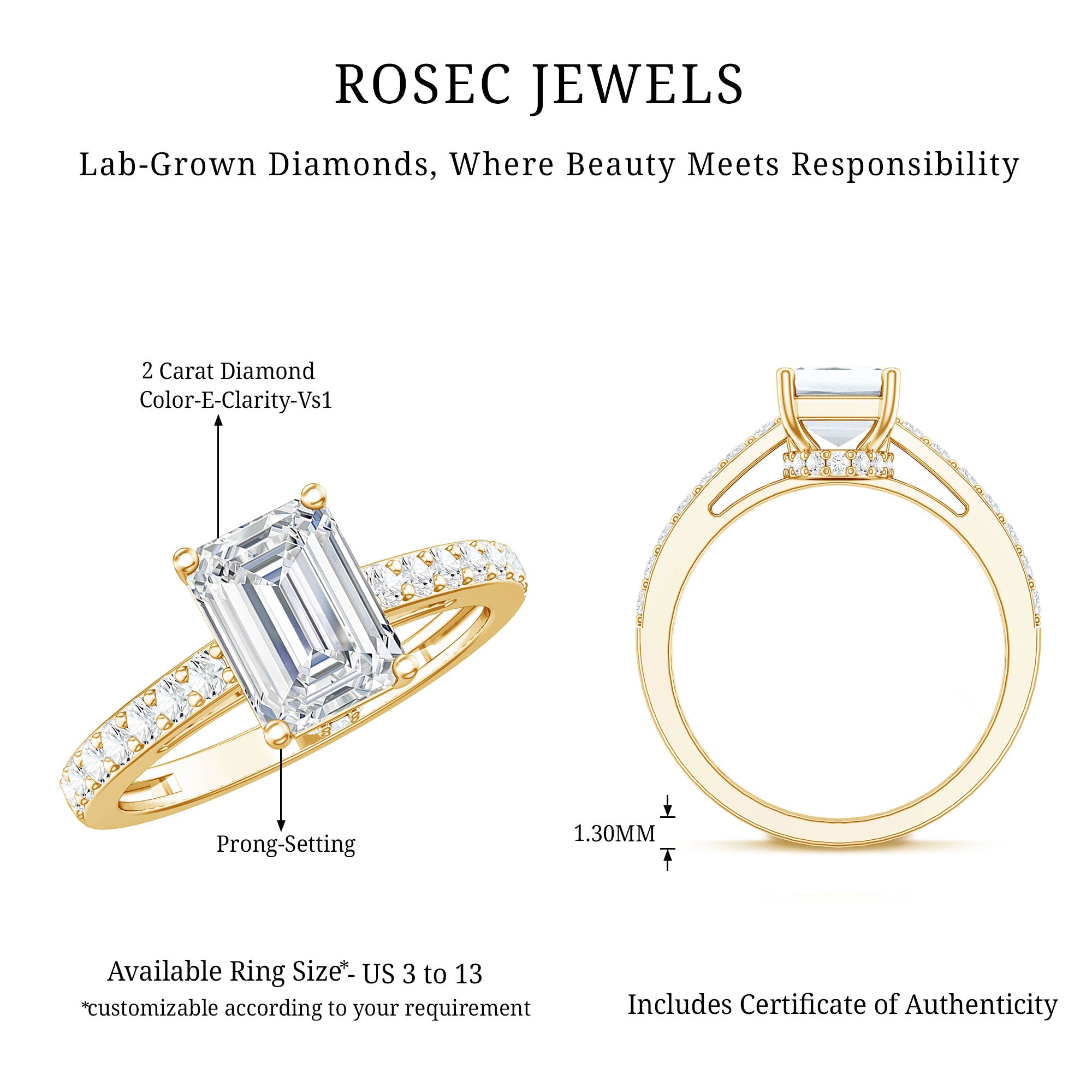 IGI Certified Emerald Cut Lab Grown Diamond Engagement Ring 2 Carat Lab - ( E-VS1 ) - Rosec Jewels
