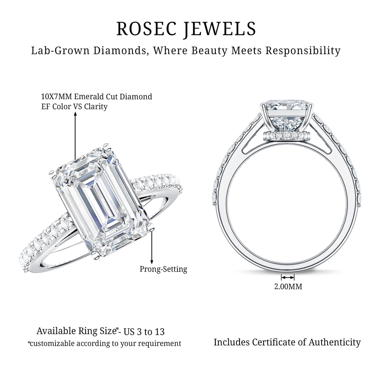 IGI Certified 4 Carat Emerald Cut Lab Grown Diamond Engagement Ring with Hidden Halo Lab - ( E-VS1 ) - Rosec Jewels