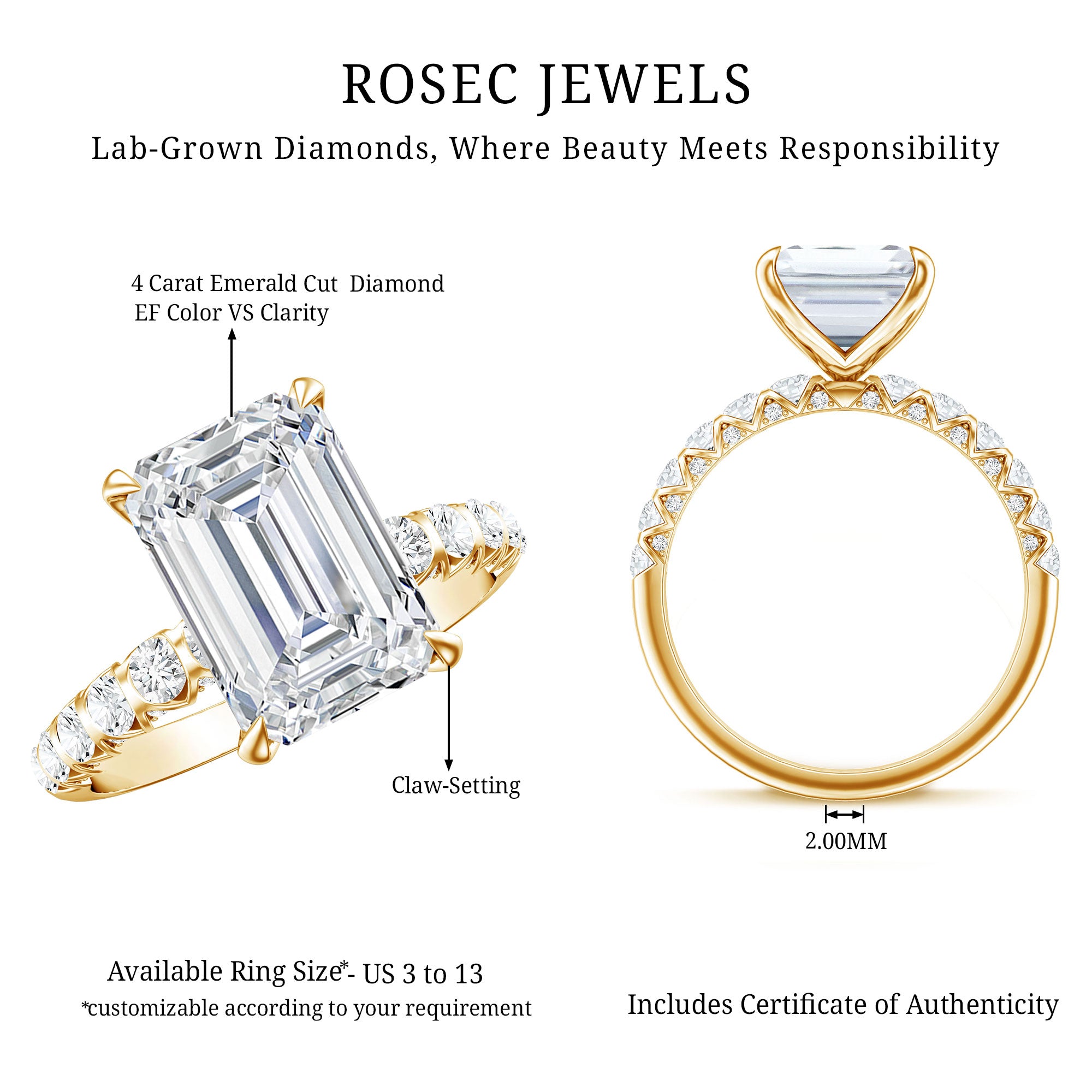 Rosec Jewels-Lab Grown Diamond 4 Carat Emerald Cut Engagement Ring IGI Certified