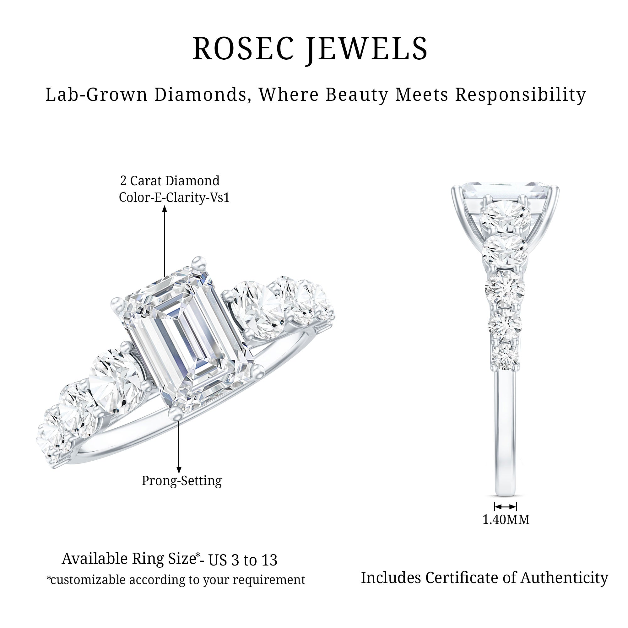 2 Carat IGI Certified Emerald Cut Lab Grown Diamond Side Stone Engagement Ring Lab - ( E-VS1 ) - Rosec Jewels