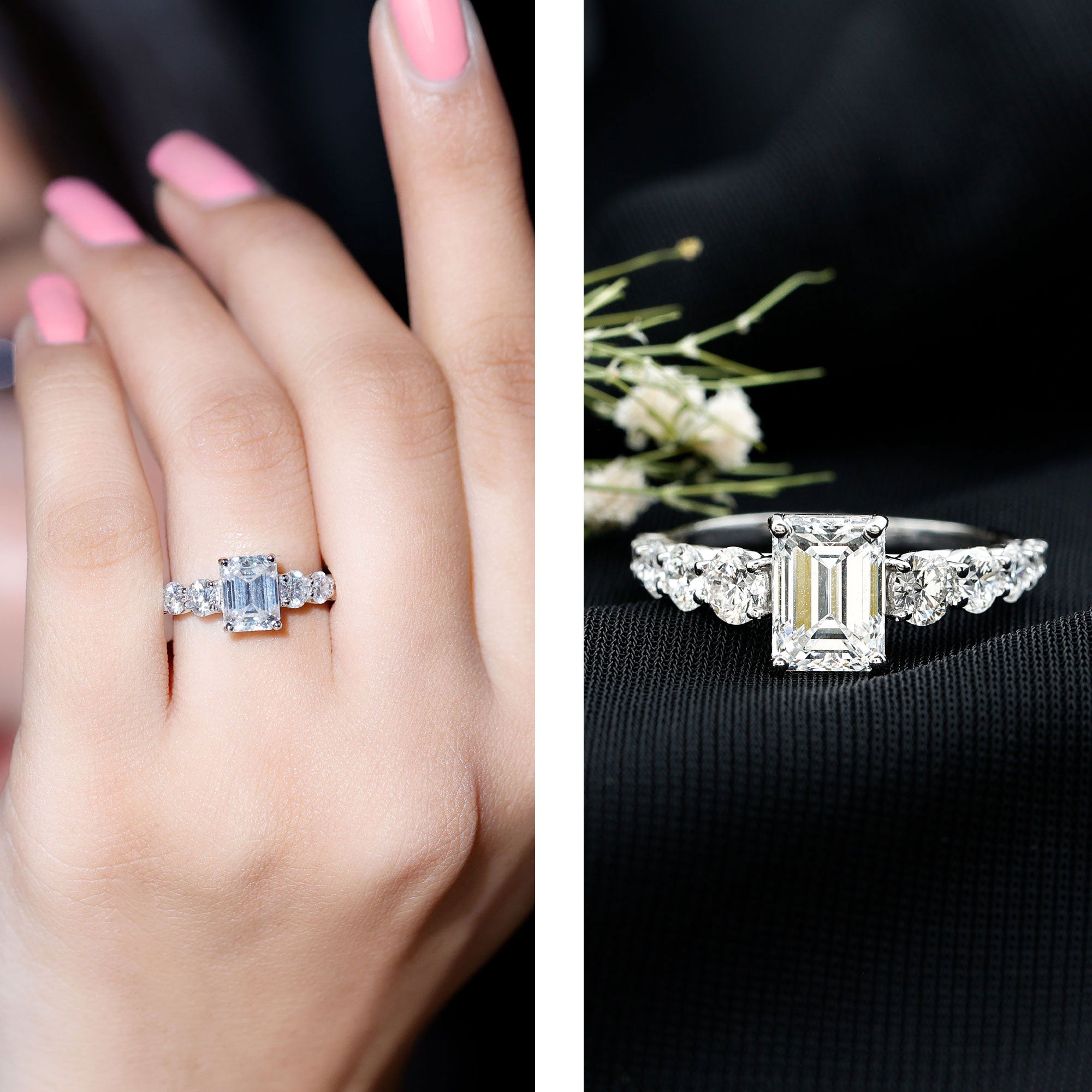 2 Carat IGI Certified Emerald Cut Lab Grown Diamond Side Stone Engagement Ring Lab - ( E-VS1 ) - Rosec Jewels