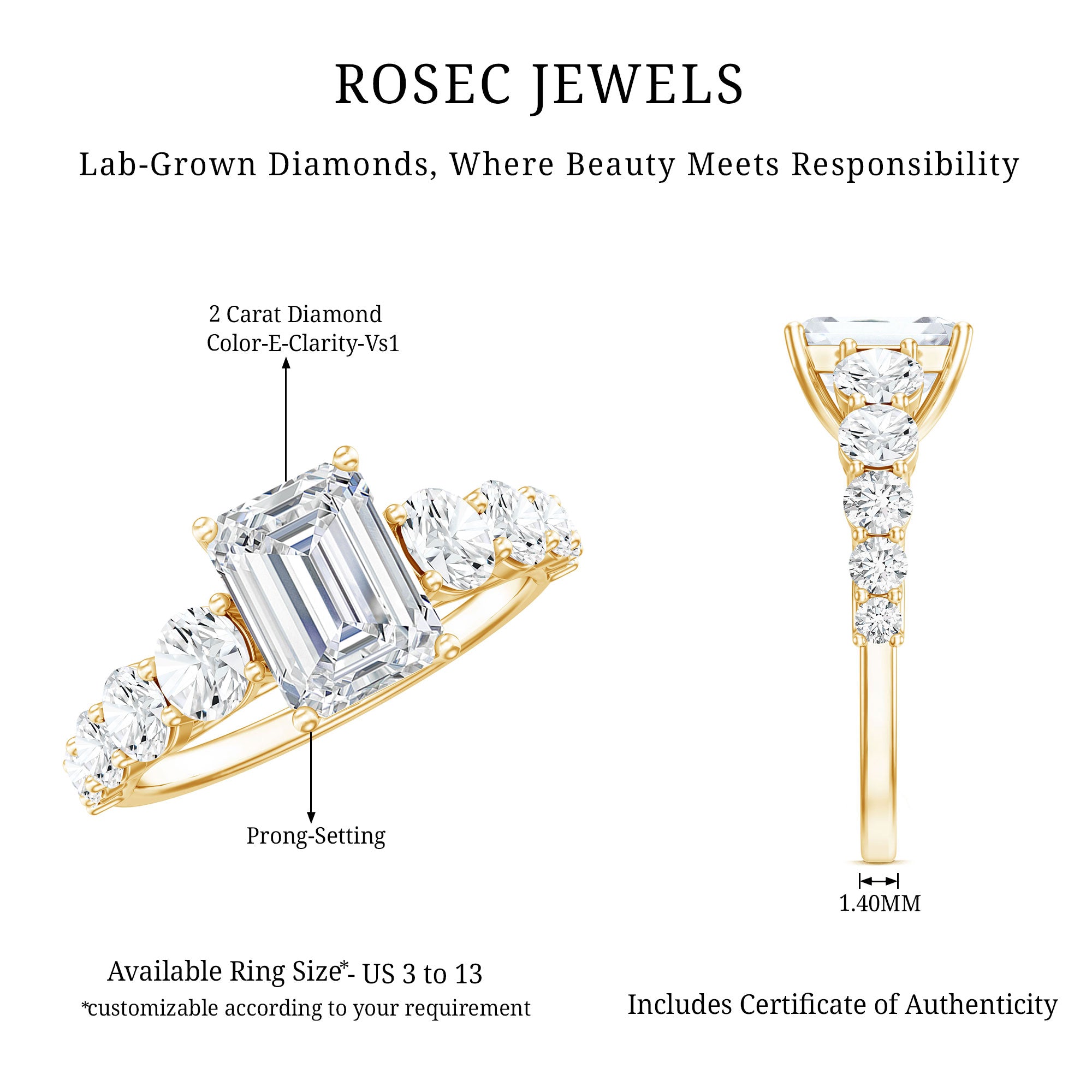 2 Carat IGI Certified Emerald Cut Lab Grown Diamond Side Stone Engagement Ring Lab - ( E-VS1 ) - Rosec Jewels