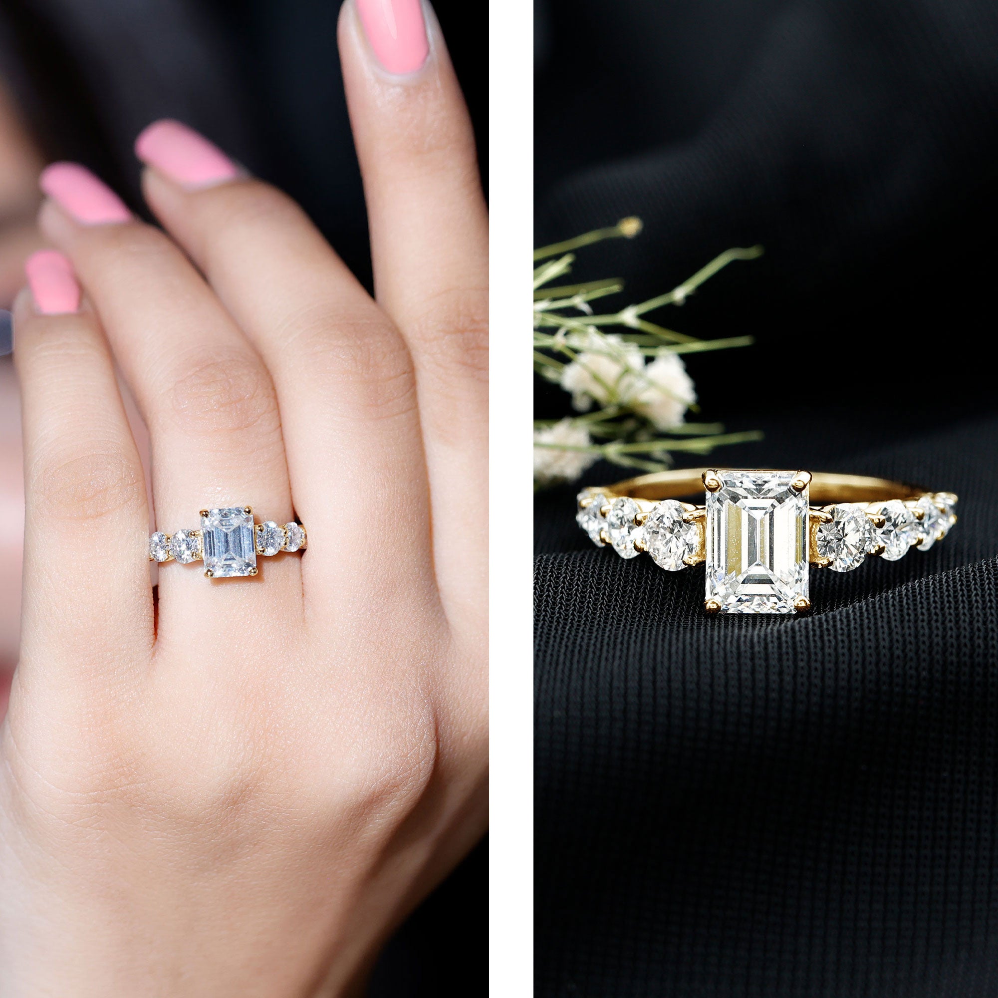 2 Carat IGI Certified Emerald Cut Lab Grown Diamond Side Stone Engagement Ring Lab - ( E-VS1 ) - Rosec Jewels