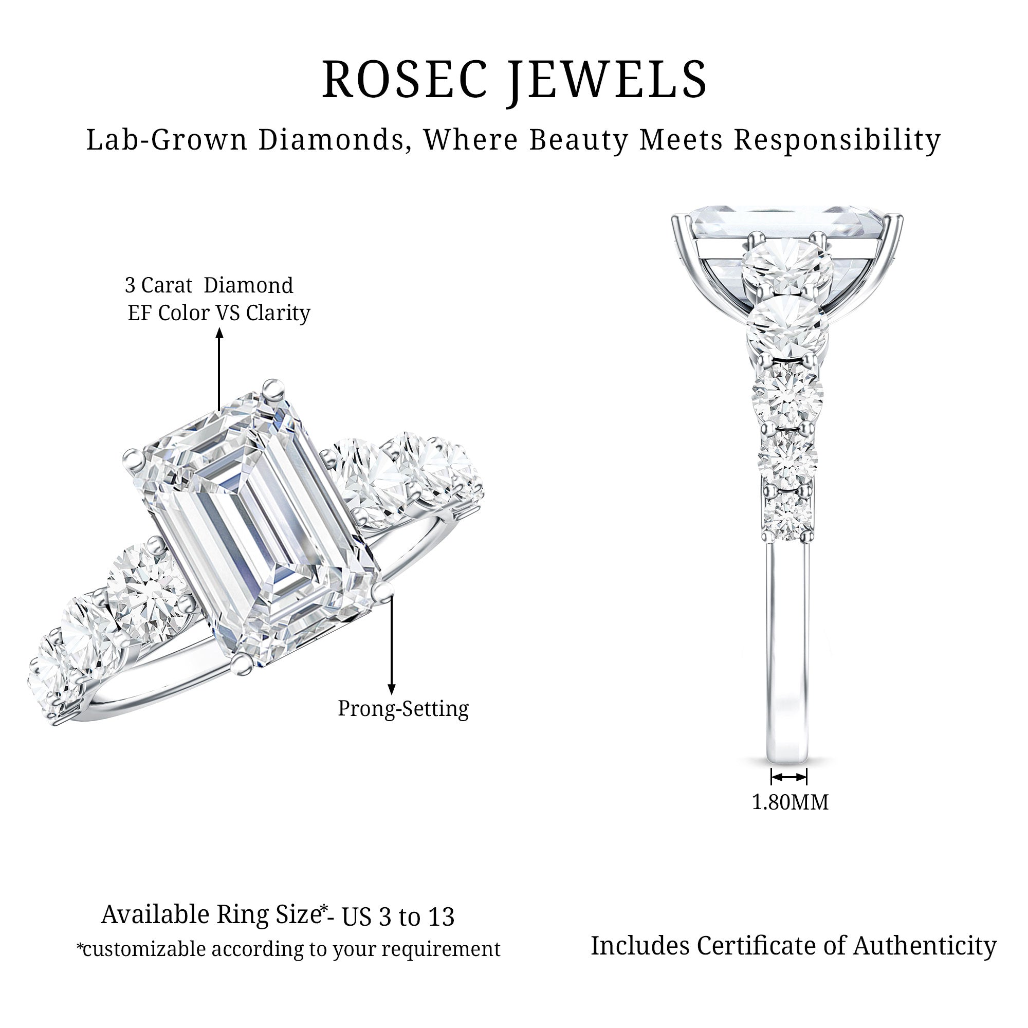 3 Carat IGI Certified Emerald Cut Lab Grown Diamond Engagement Ring with Side Stones Lab - ( E-VS1 ) - Rosec Jewels