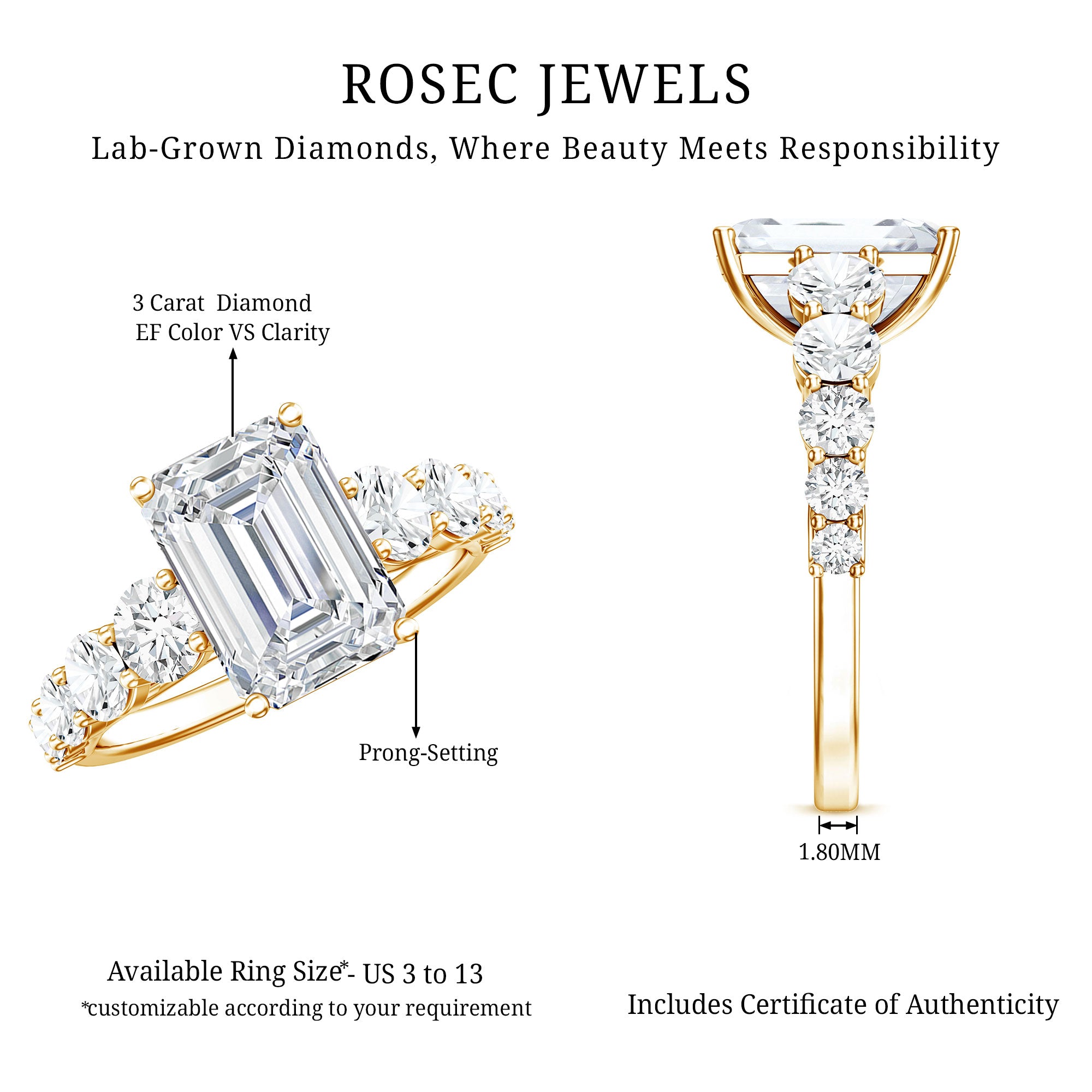 3 Carat IGI Certified Emerald Cut Lab Grown Diamond Engagement Ring with Side Stones Lab - ( E-VS1 ) - Rosec Jewels