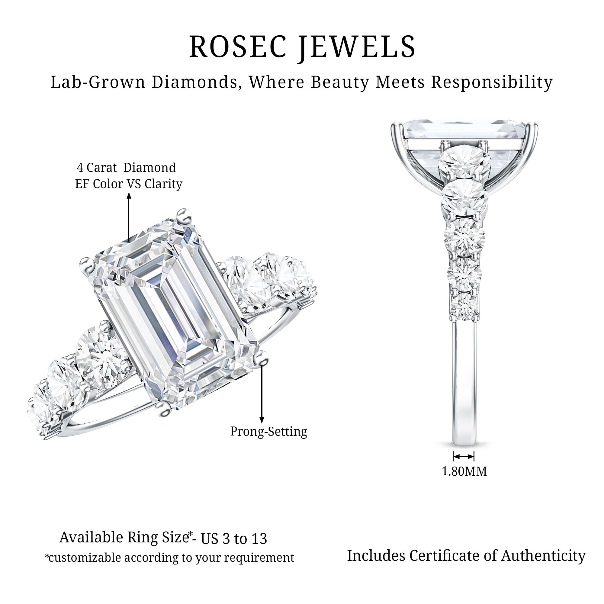 Emerald Cut 4 Carat Lab Grown Diamond Side Stone Engagement Ring with IGI Certificate Lab - ( E-VS1 ) - Rosec Jewels