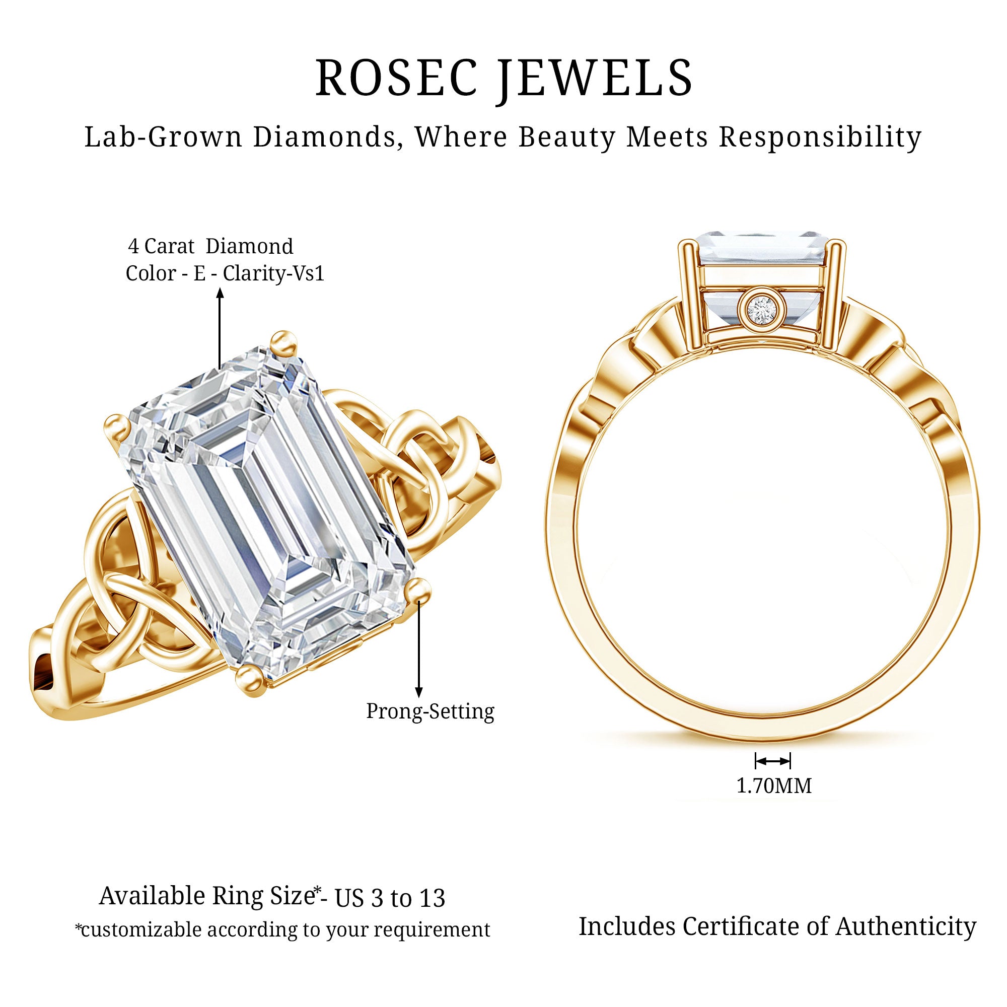 IGI Certified 4 Carat Emerald Cut Lab Grown Diamond Engagement Ring with Celtic Knot Lab - ( E-VS1 ) - Rosec Jewels