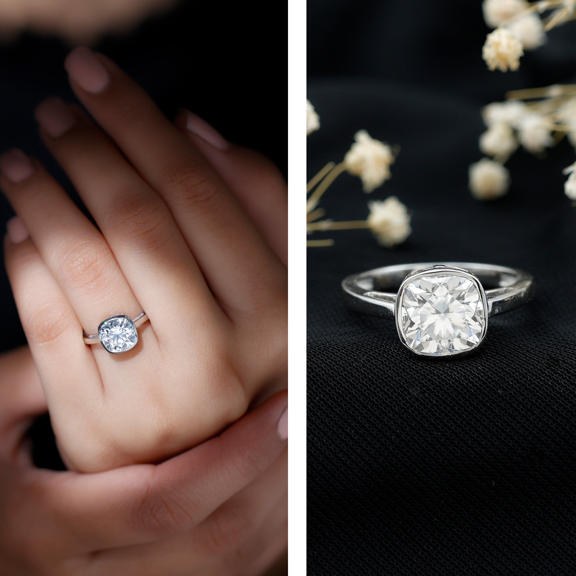 3 Carat Solitaire Cushion Cut Lab Grown Diamond Bezel Engagement Ring with IGI Certificate Lab - ( E-VS1 ) - Rosec Jewels