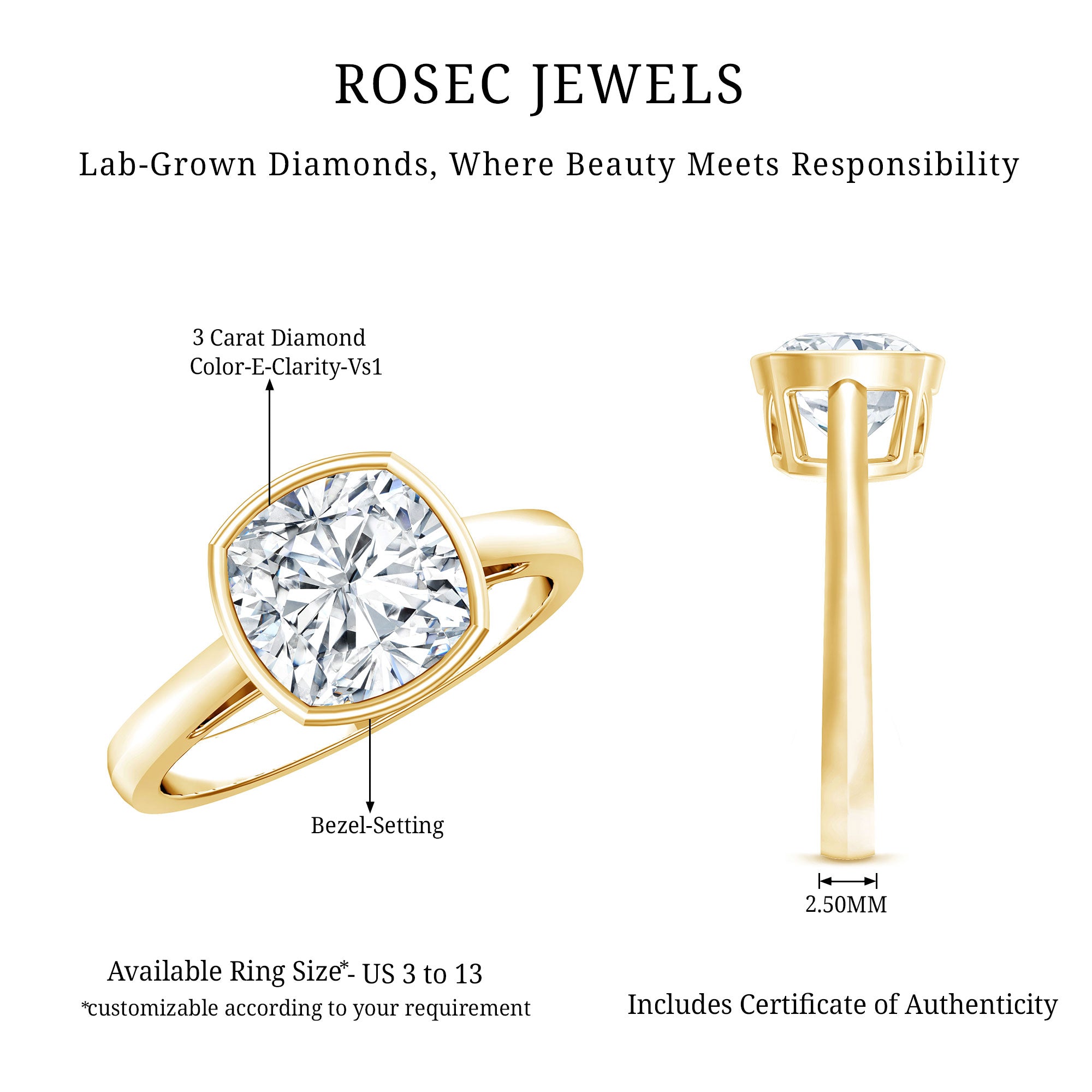 3 Carat Solitaire Cushion Cut Lab Grown Diamond Bezel Engagement Ring with IGI Certificate Lab - ( E-VS1 ) - Rosec Jewels