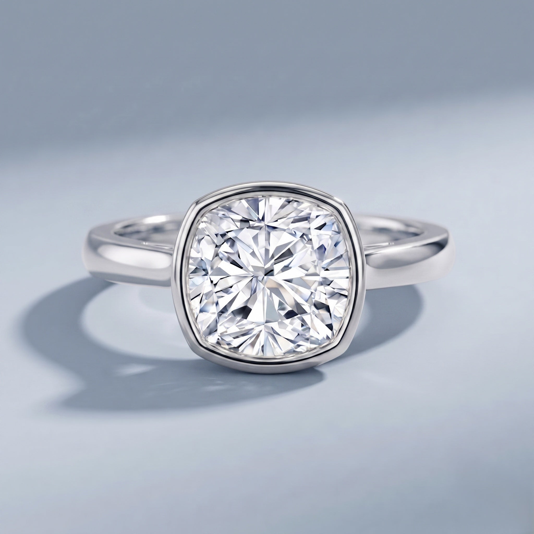 Bezel Set 2 Carat Lab Grown Diamond Cushion Engagement Ring IGI Certified Lab - ( E-VS1 ) - Rosec Jewels