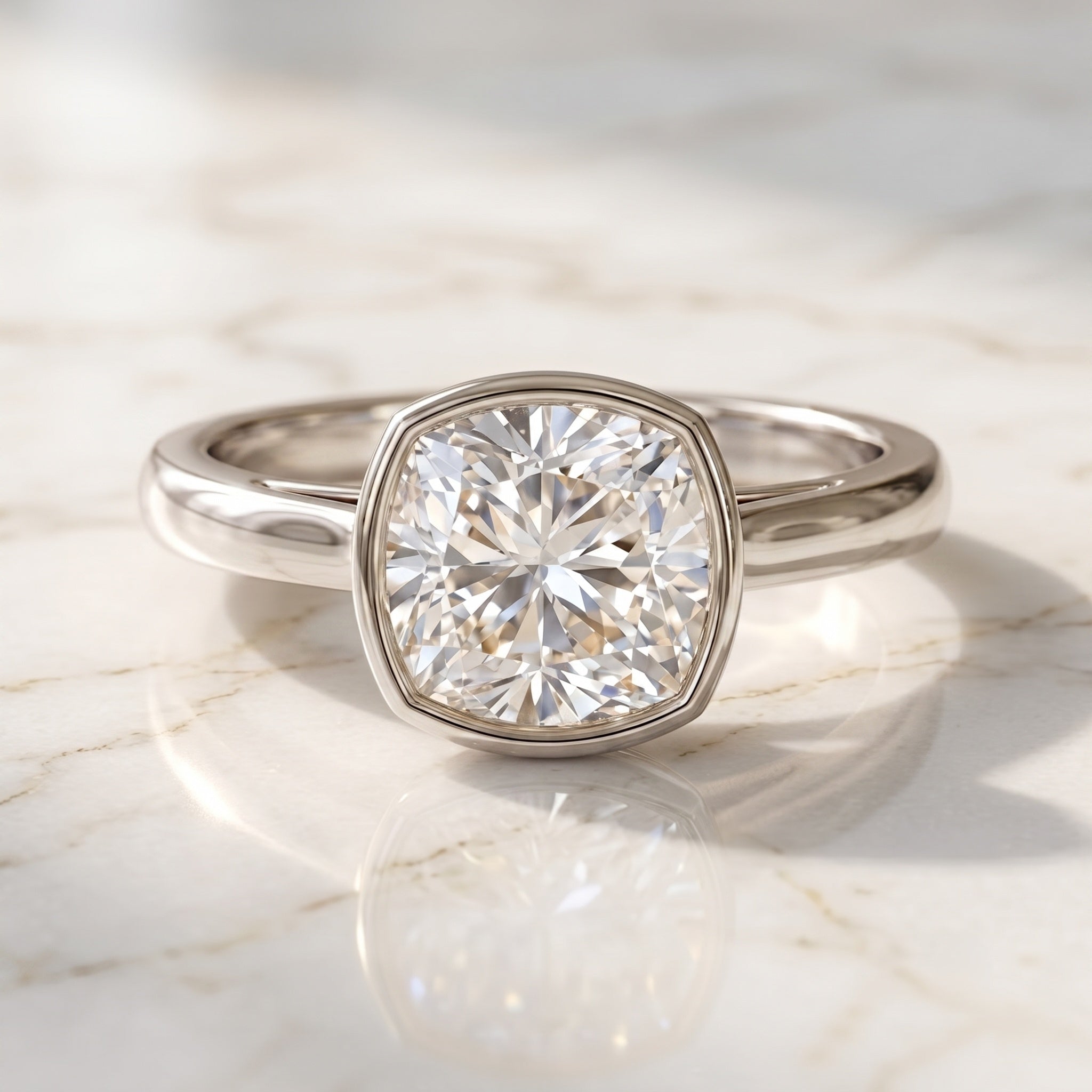 Bezel Set 2 Carat Lab Grown Diamond Cushion Engagement Ring IGI Certified Lab - ( E-VS1 ) - Rosec Jewels