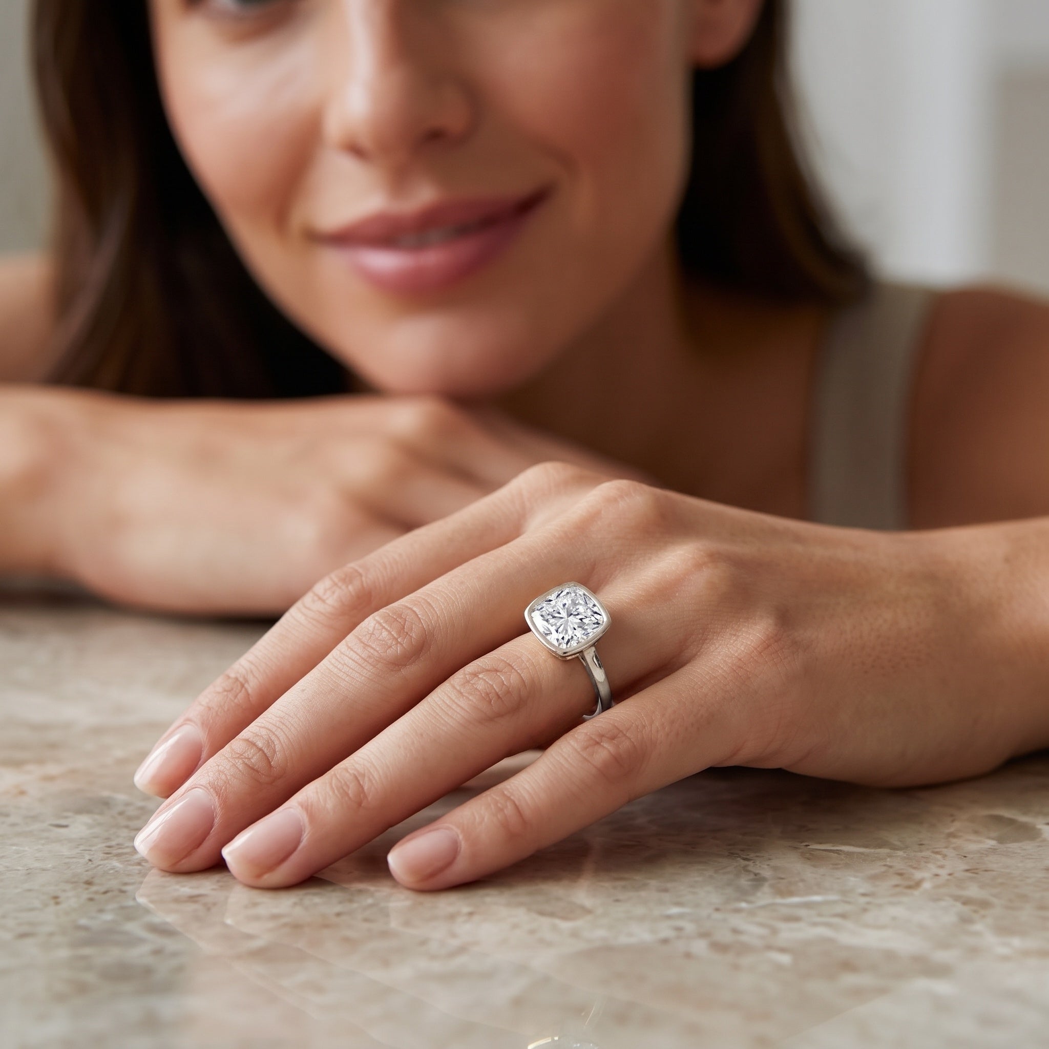 Bezel Set 2 Carat Lab Grown Diamond Cushion Engagement Ring IGI Certified Lab - ( E-VS1 ) - Rosec Jewels