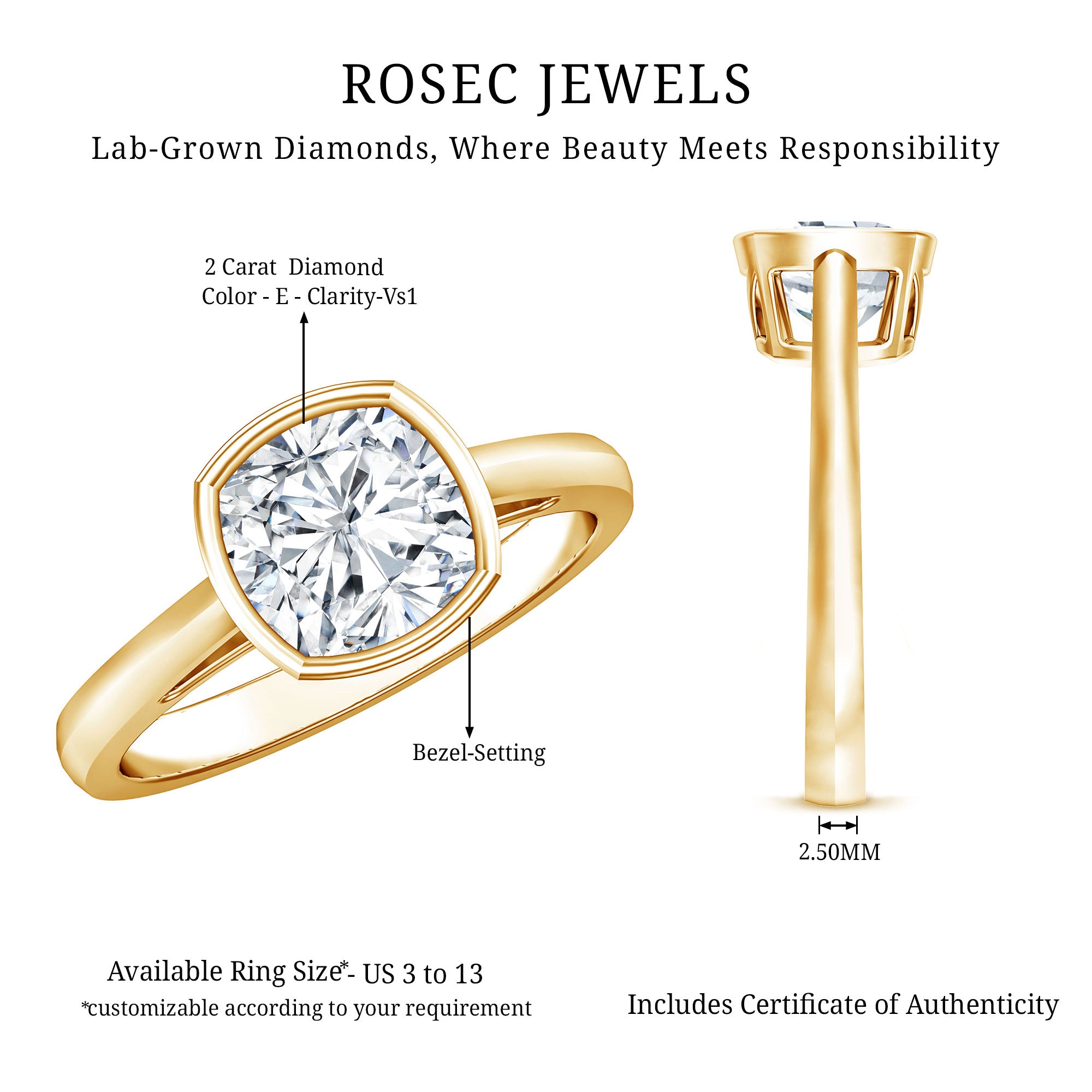 Bezel Set 2 Carat Lab Grown Diamond Cushion Engagement Ring IGI Certified Lab - ( E-VS1 ) - Rosec Jewels