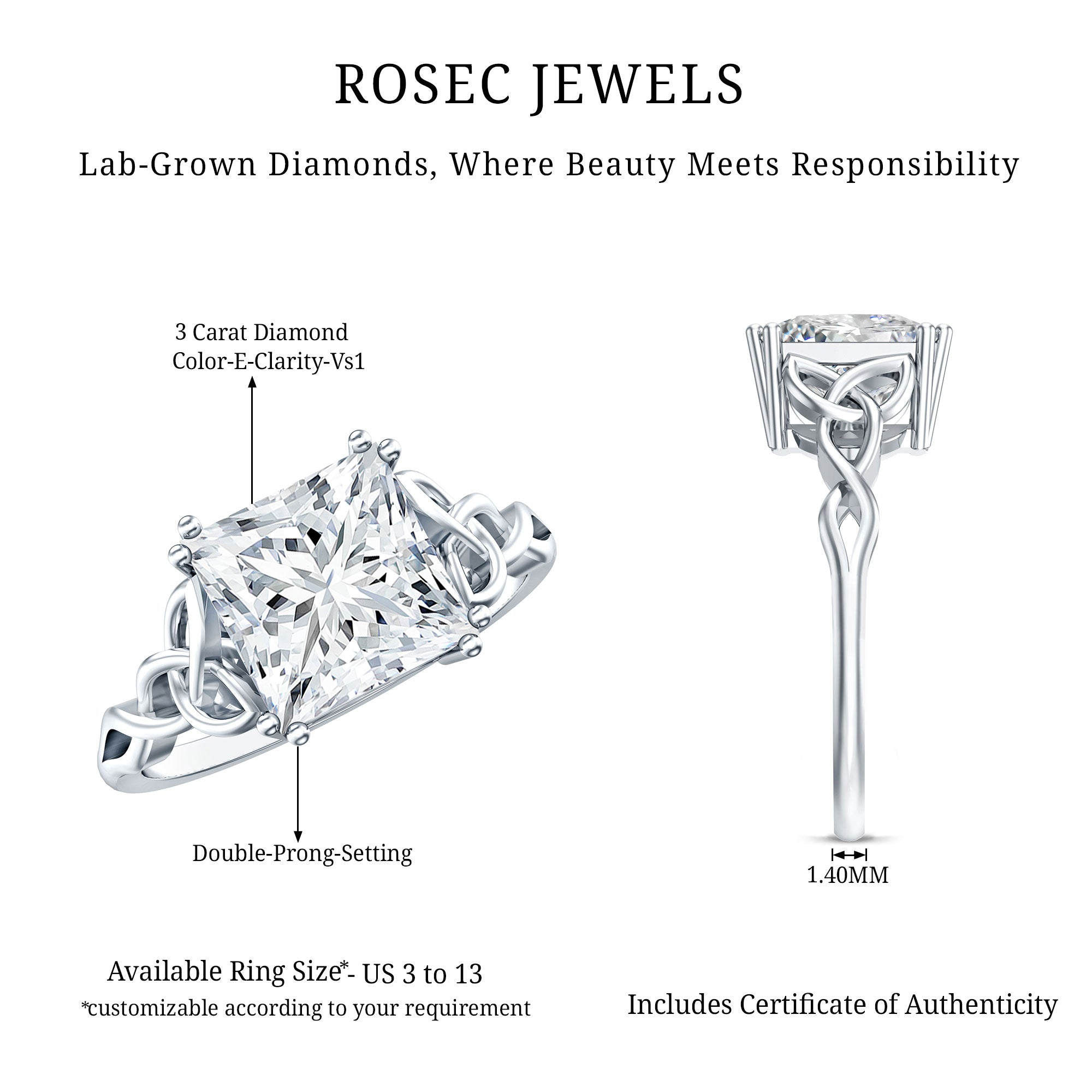 IGI Certified 3 Carat Lab Grown Diamond Princess Cut Engagement Ring with Celtic Knot Lab - ( E-VS1 ) - Rosec Jewels
